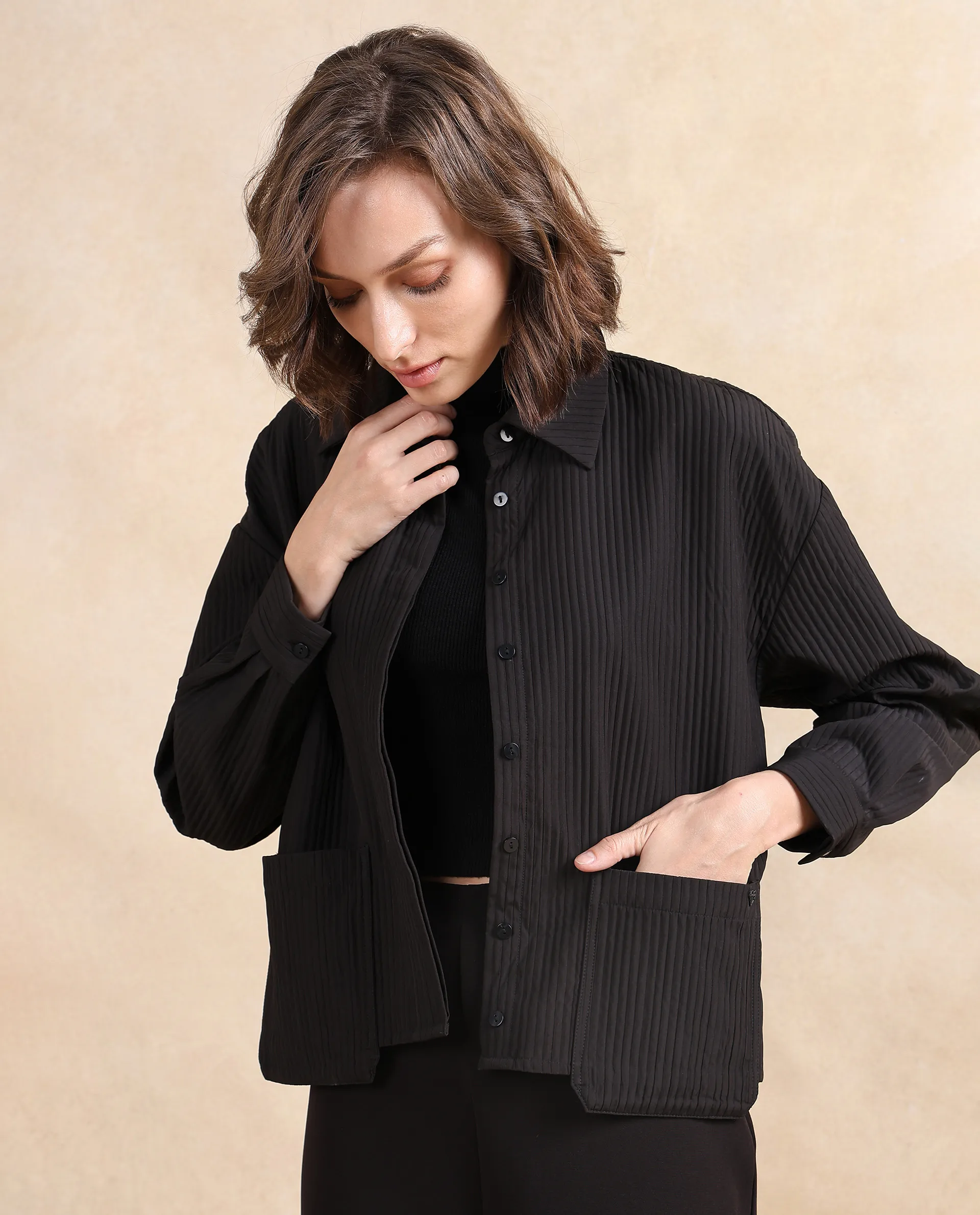 Rareism Women's Albury Black Polyester Drop Collar Plain Cuffed Sleeve Boxy Fit Jacket - Image 10