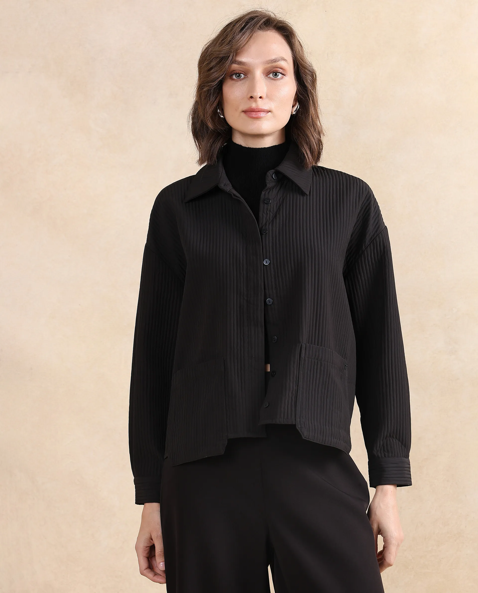 Rareism Women's Albury Black Polyester Drop Collar Plain Cuffed Sleeve Boxy Fit Jacket - Image 3