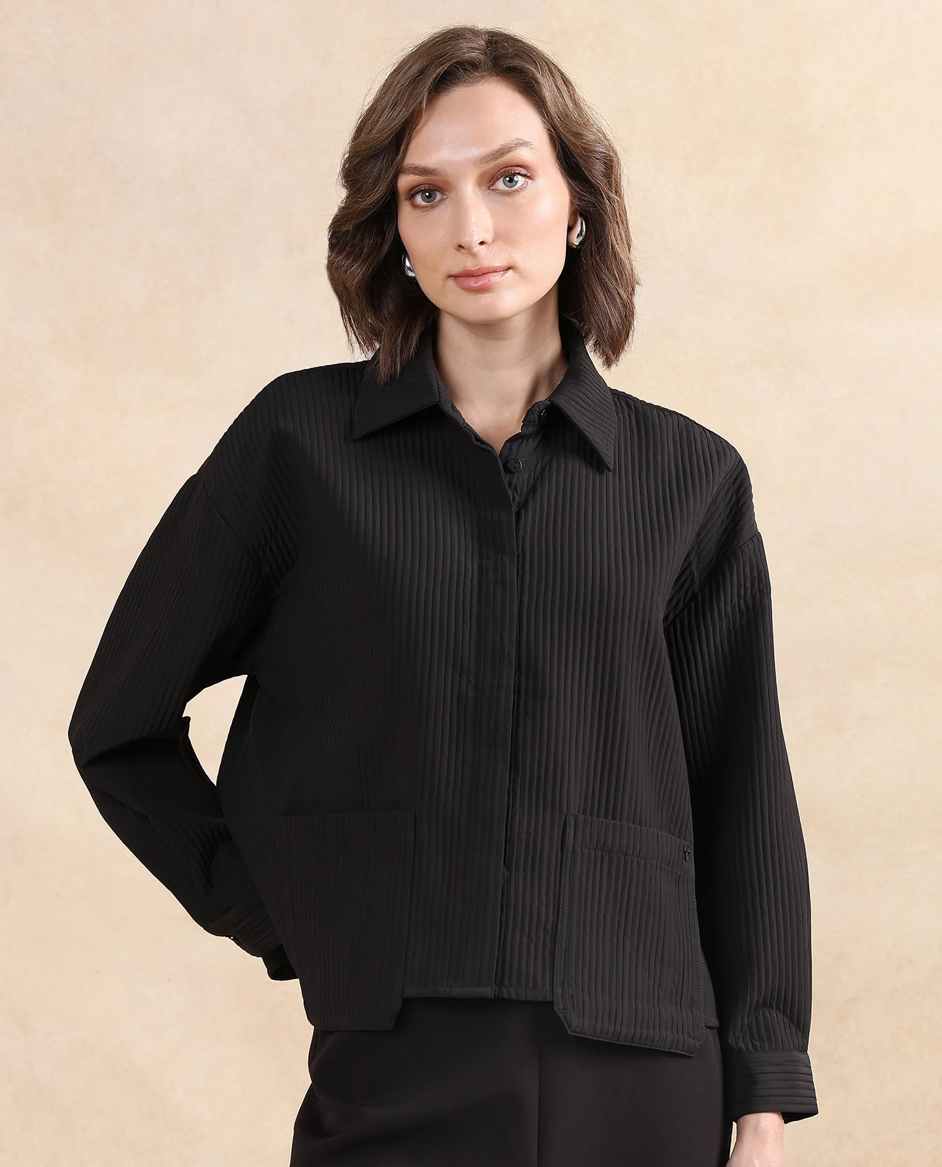 Rareism Women's Albury Black Polyester Drop Collar Plain Cuffed Sleeve Boxy Fit Jacket - Image 4