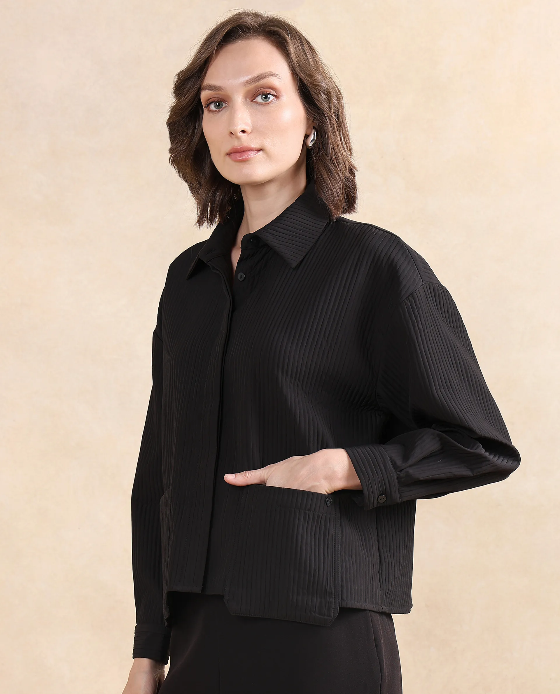 Rareism Women's Albury Black Polyester Drop Collar Plain Cuffed Sleeve Boxy Fit Jacket - Image 5