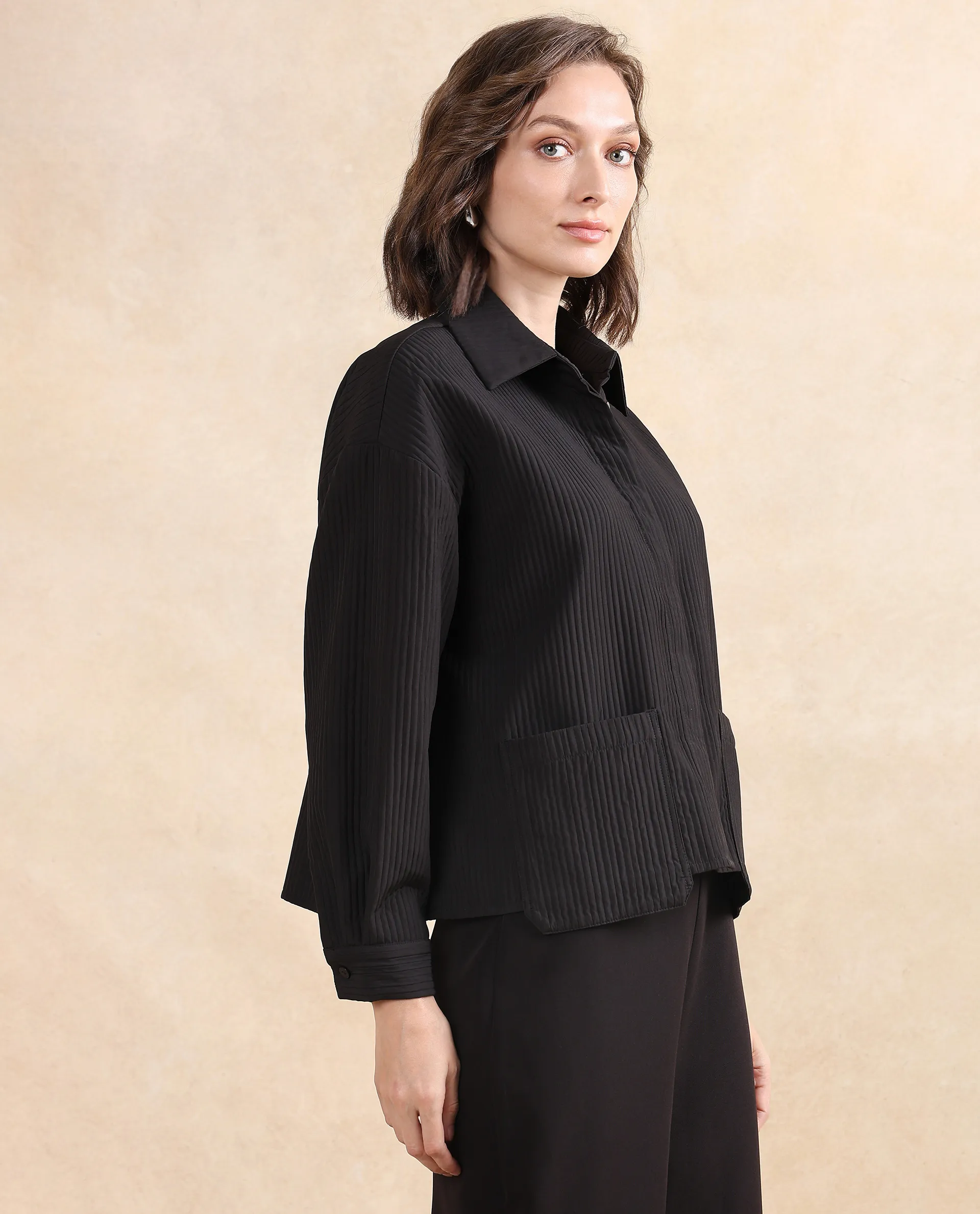 Rareism Women's Albury Black Polyester Drop Collar Plain Cuffed Sleeve Boxy Fit Jacket - Image 6