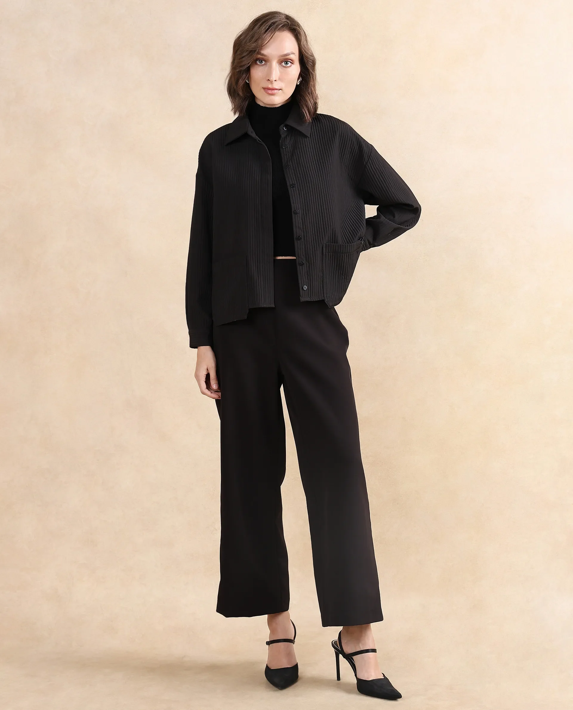 Rareism Women's Albury Black Polyester Drop Collar Plain Cuffed Sleeve Boxy Fit Jacket - Image 8