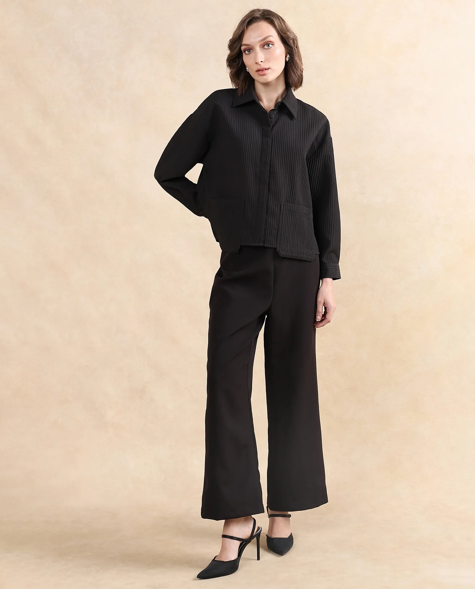 Rareism Women's Albury Black Polyester Drop Collar Plain Cuffed Sleeve Boxy Fit Jacket - Image 9