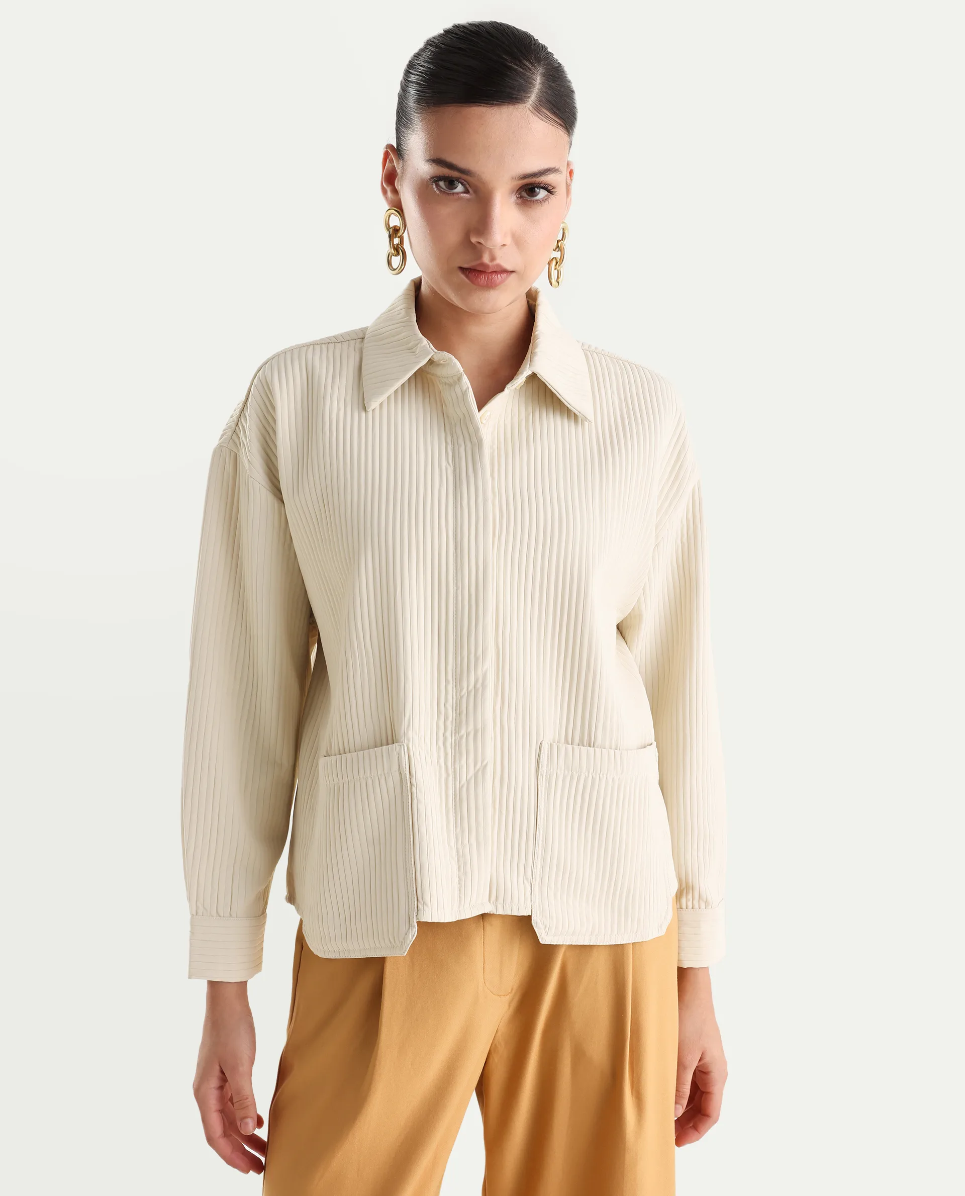 Rareism Women's Albury Off White Polyester Drop Collar Plain Cuffed Sleeve Boxy Fit Jacket - Image 3