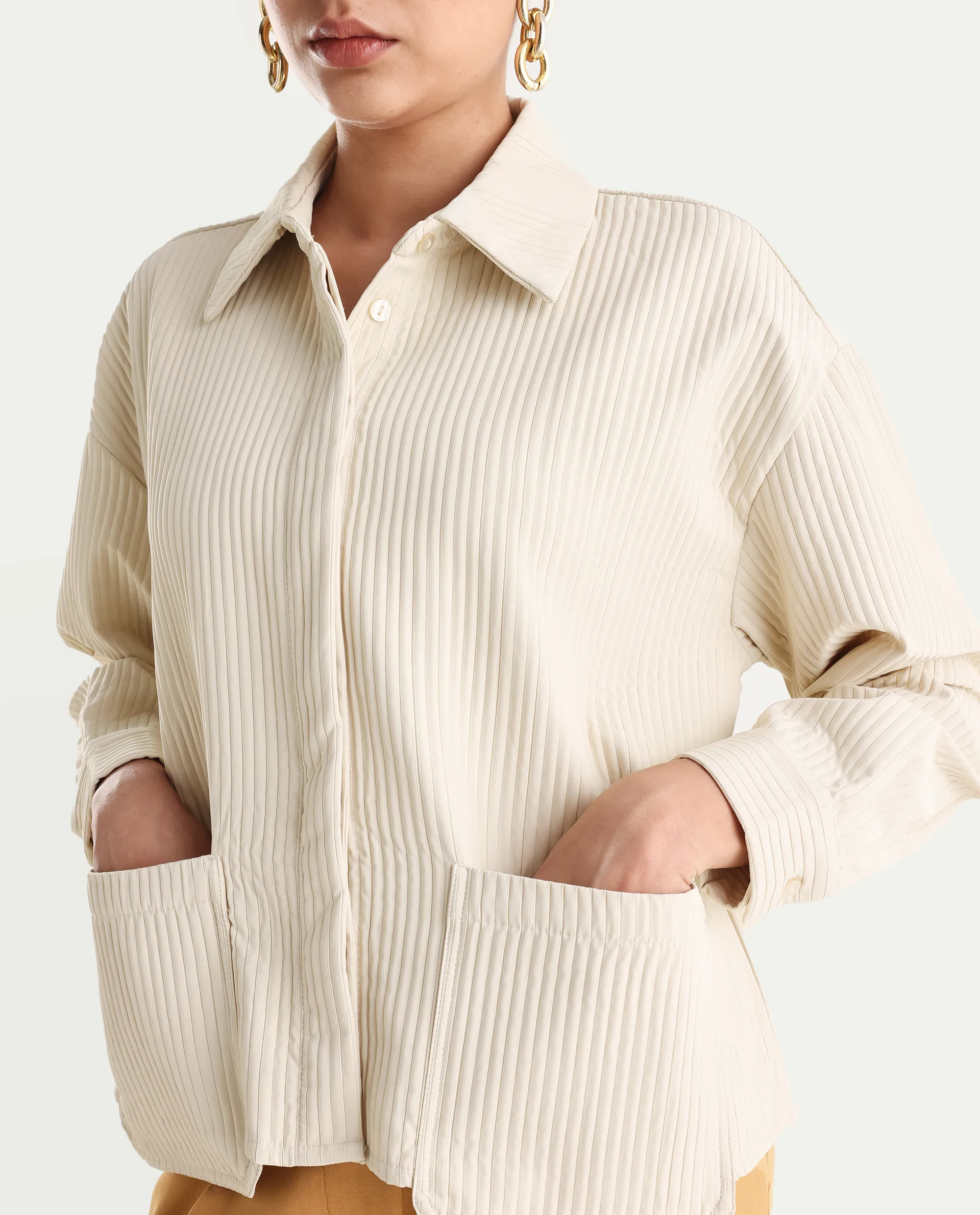 Rareism Women's Albury Off White Polyester Drop Collar Plain Cuffed Sleeve Boxy Fit Jacket - Image 4