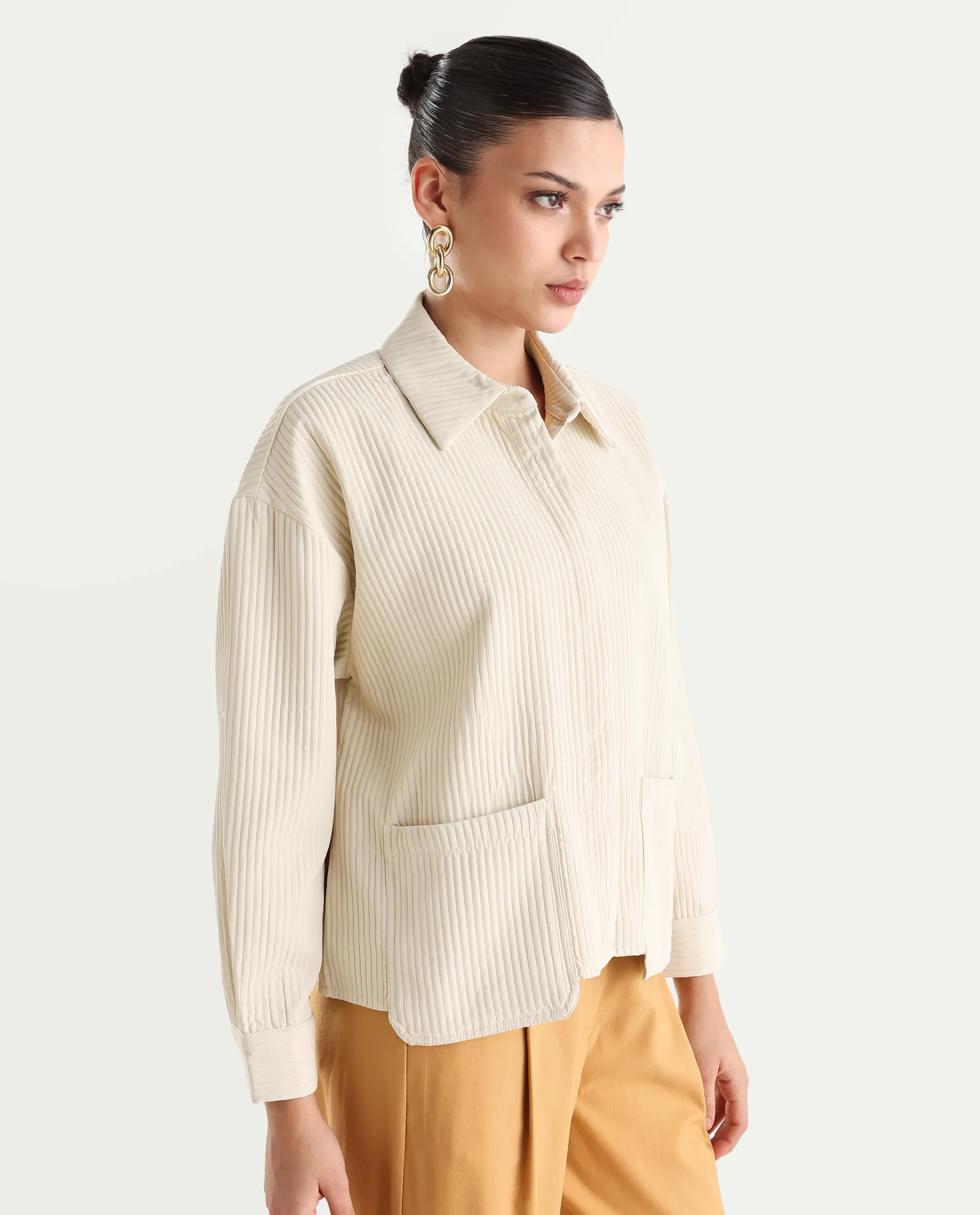 Rareism Women's Albury Off White Polyester Drop Collar Plain Cuffed Sleeve Boxy Fit Jacket - Image 6