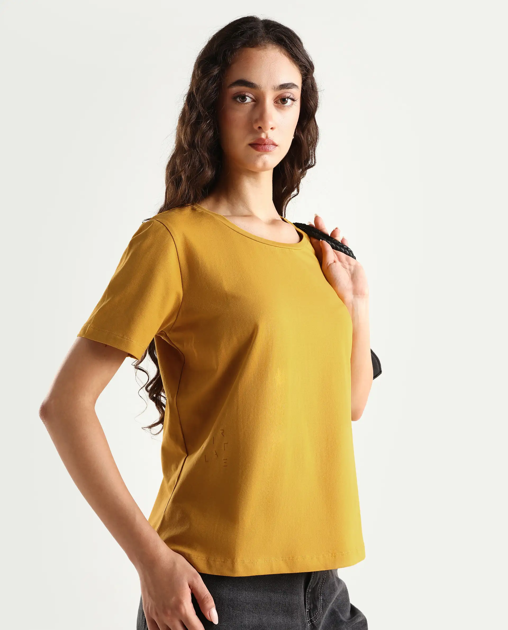Rareism Women's Light Weight High Stretch 180 Gsm Cotton Crew Neck Plain Regular Fit T-Shirt