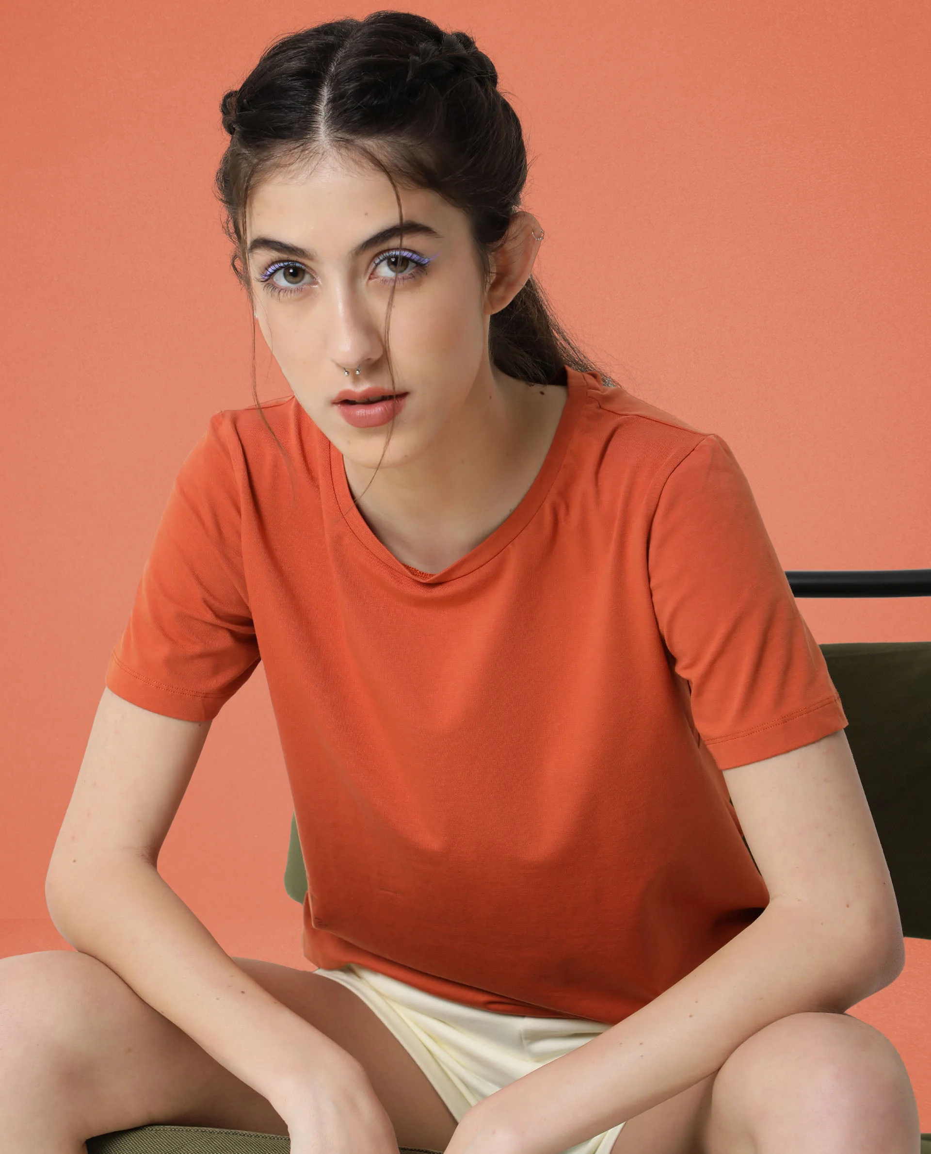 Rareism Women's Light Weight High Stretch 180 Gsm Cotton Crew Neck Plain Regular Fit T-Shirt