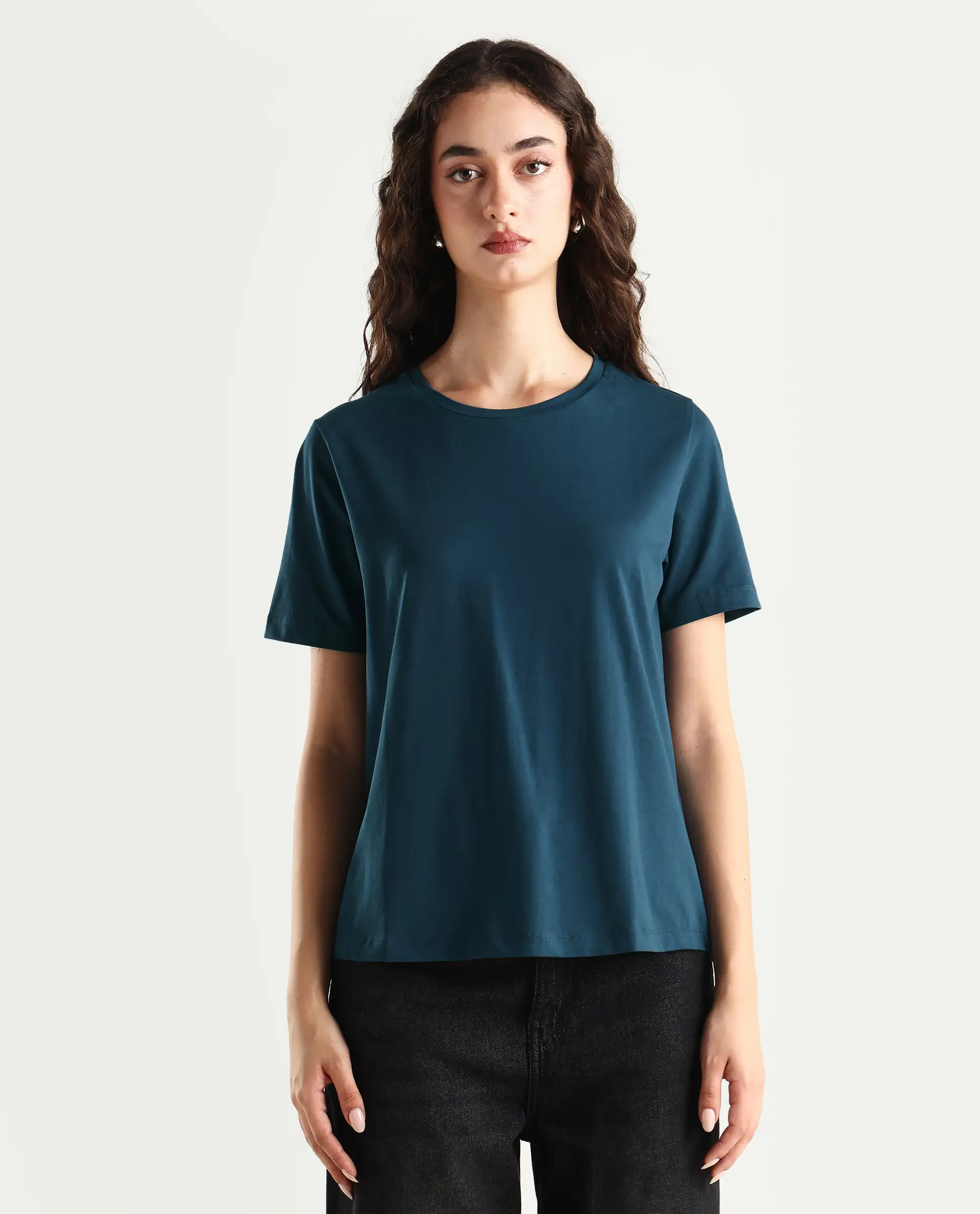 Rareism Women's Light Weight High Stretch 180 Gsm Cotton Crew Neck Plain Regular Fit T-Shirt - Image 3