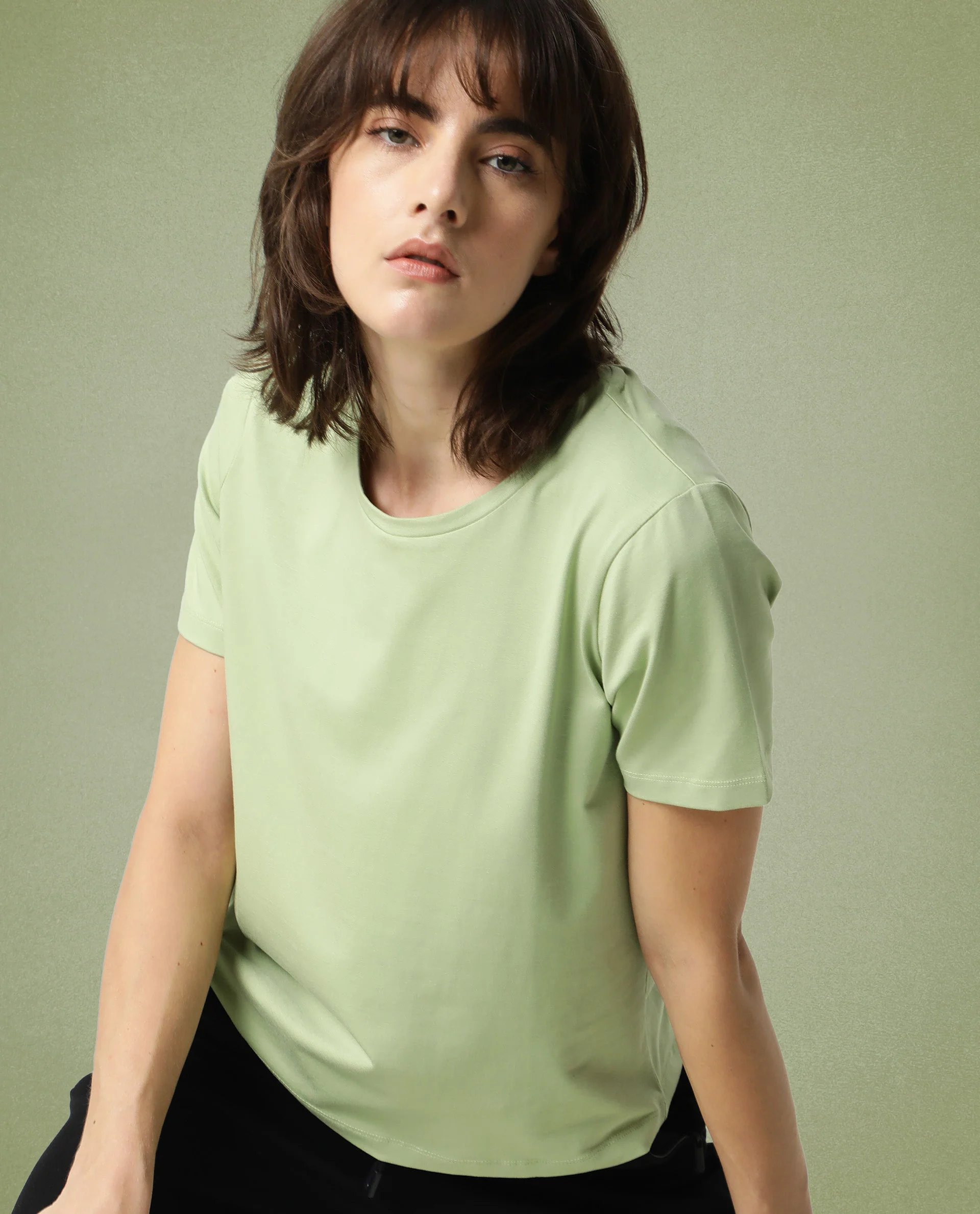Rareism Women's Light Weight High Stretch 180 Gsm Cotton Crew Neck Plain Regular Fit T-Shirt