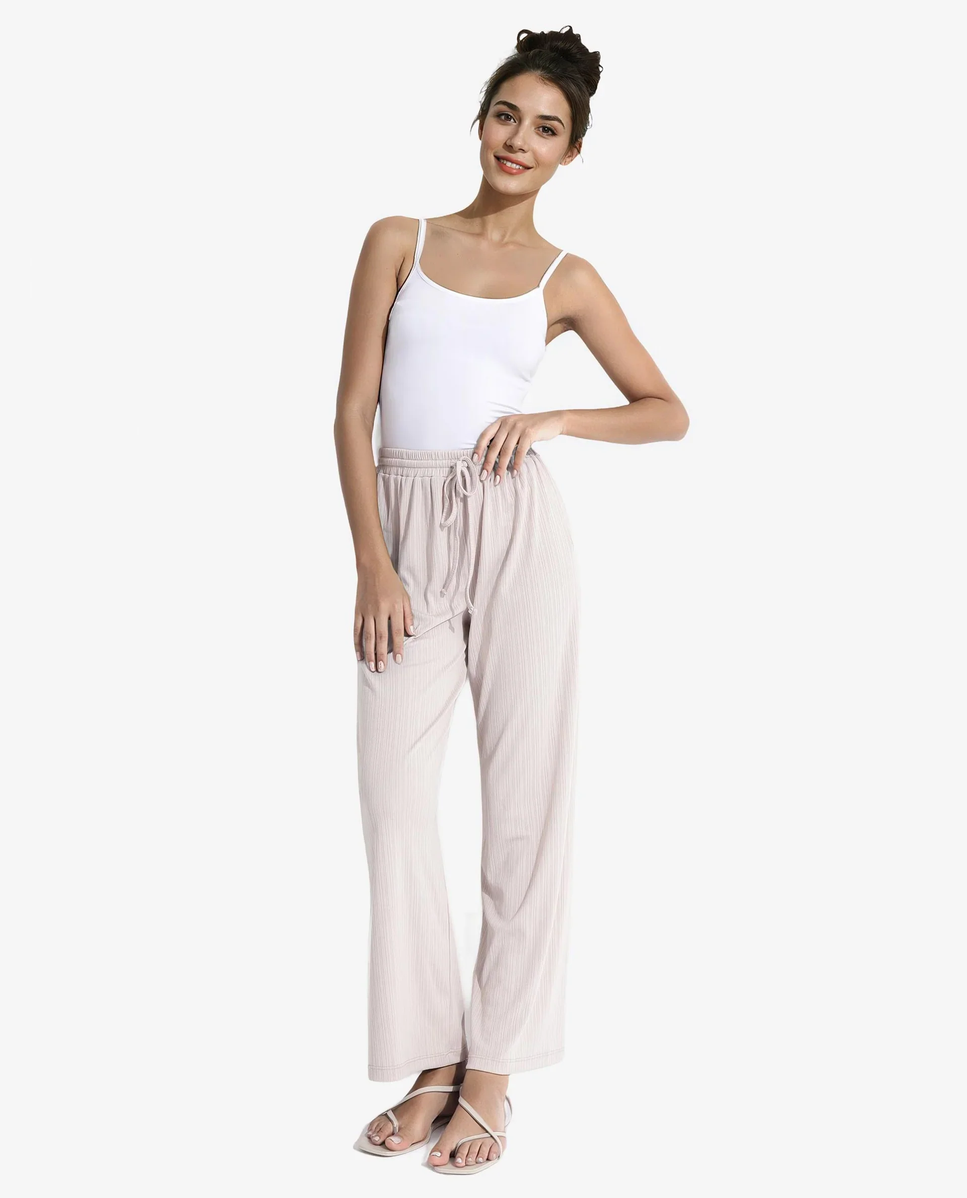 Rareism Women's Alcazar Beige Polyester Blend Plain Ankle Length Straight Fit Trouser