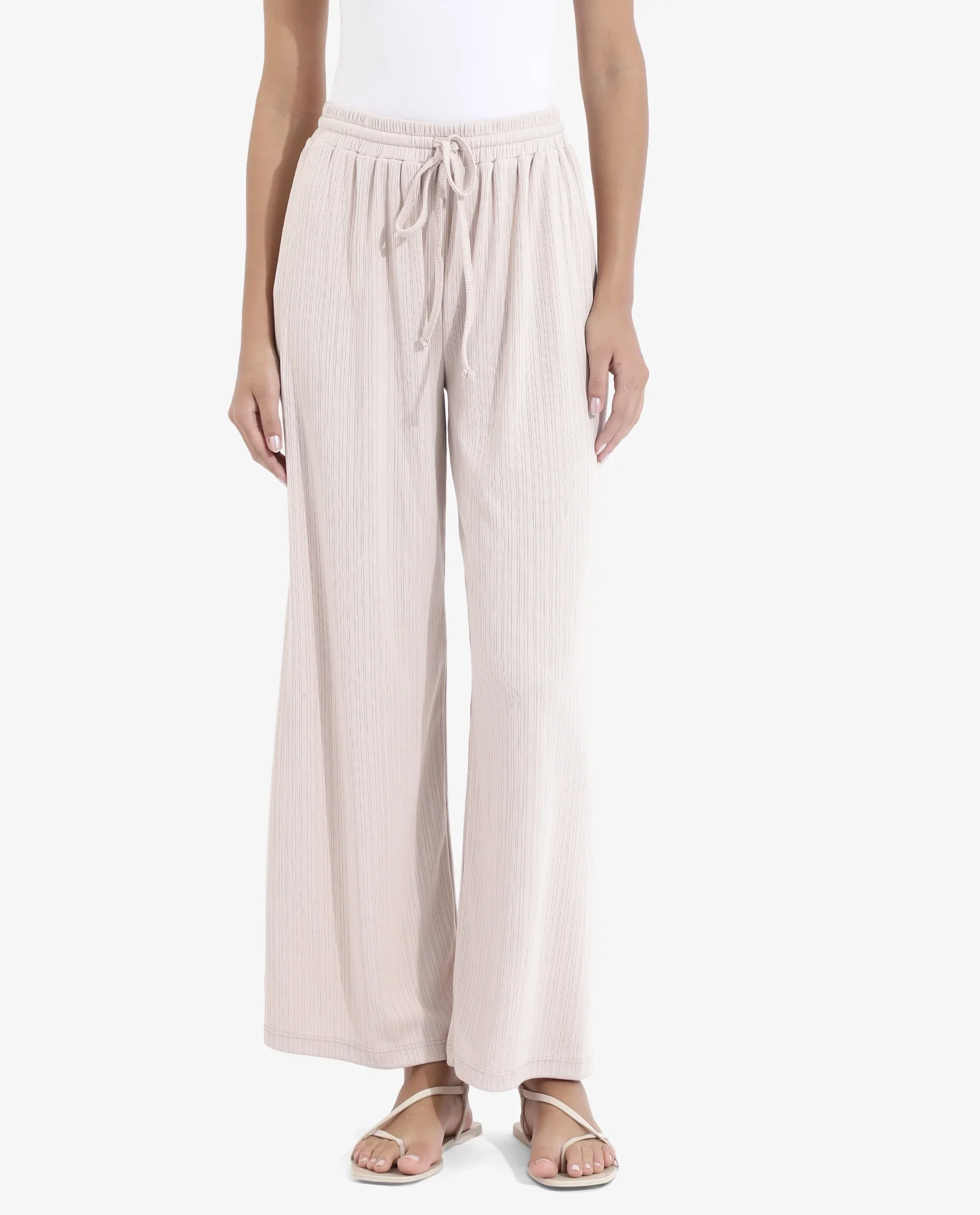 Rareism Women's Alcazar Beige Polyester Blend Plain Ankle Length Straight Fit Trouser - Image 2