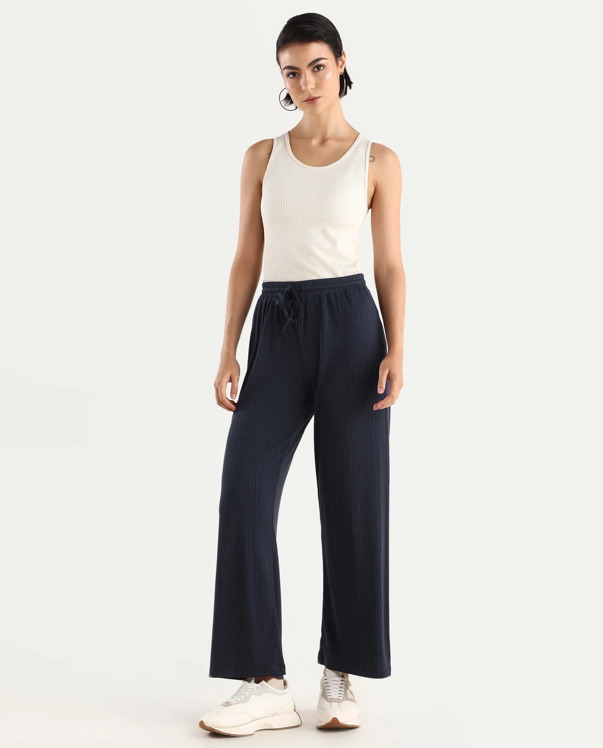 Rareism Women's Alcazar Dark Blue Polyester Blend Plain Ankle Length Straight Fit Trouser - Image 2
