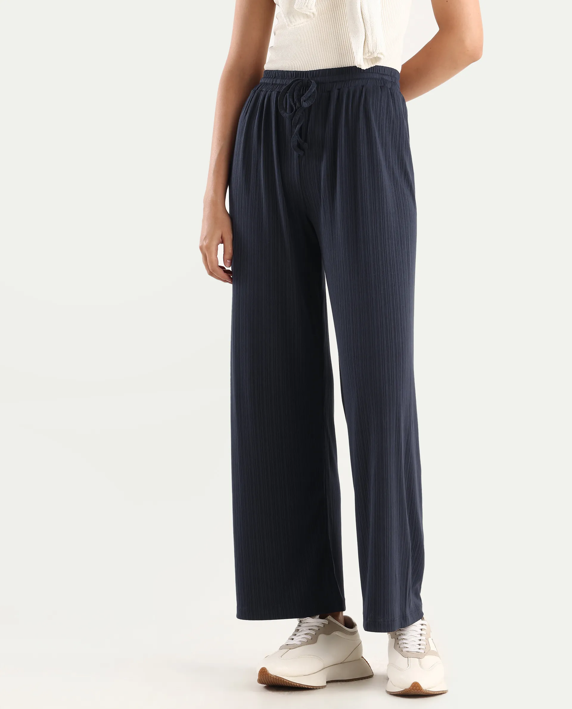 Rareism Women's Alcazar Dark Blue Polyester Blend Plain Ankle Length Straight Fit Trouser - Image 3