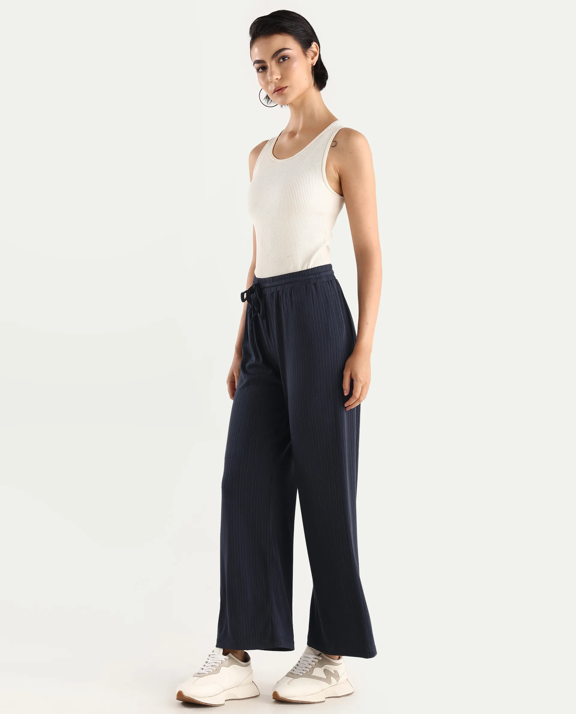Rareism Women's Alcazar Dark Blue Polyester Blend Plain Ankle Length Straight Fit Trouser - Image 6