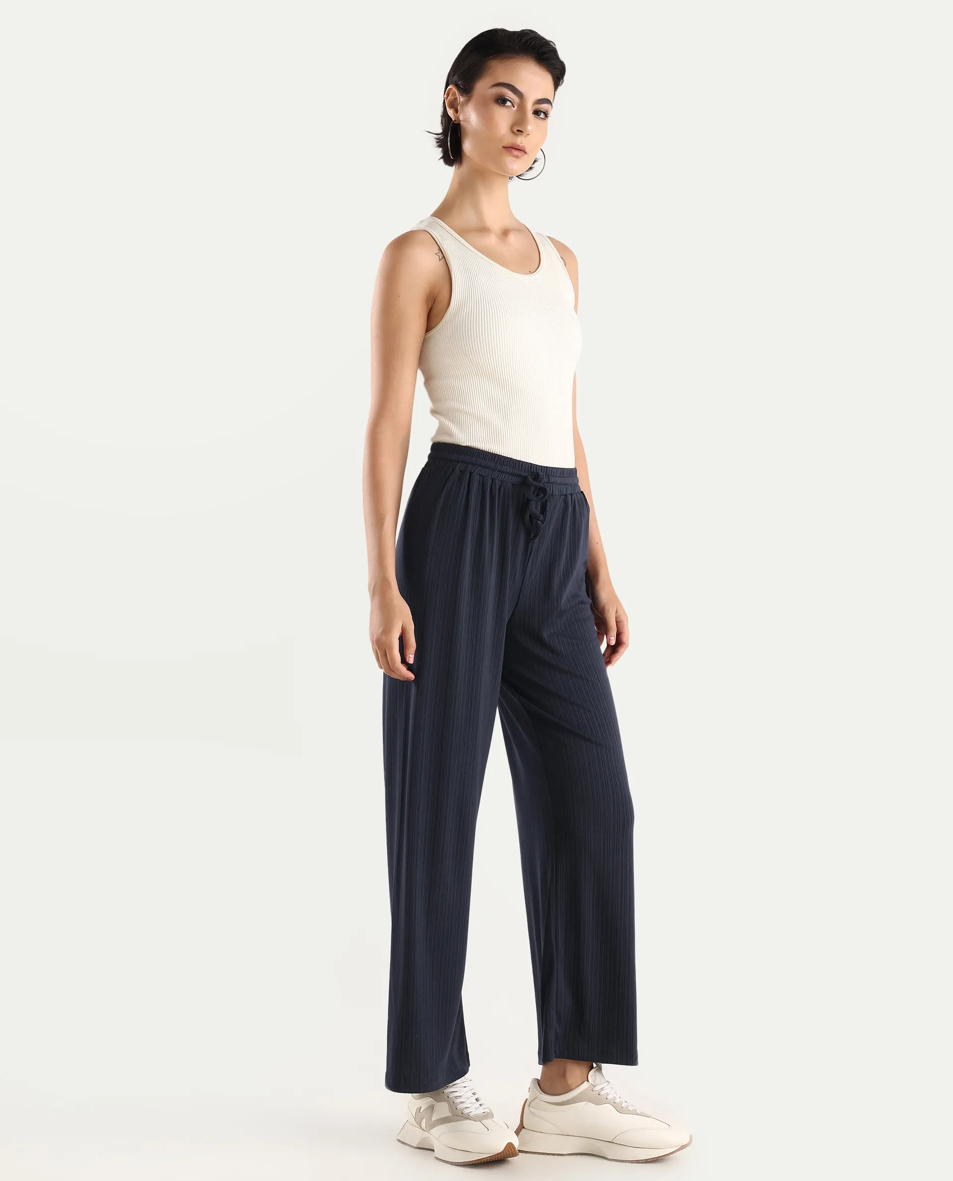 Rareism Women's Alcazar Dark Blue Polyester Blend Plain Ankle Length Straight Fit Trouser - Image 7