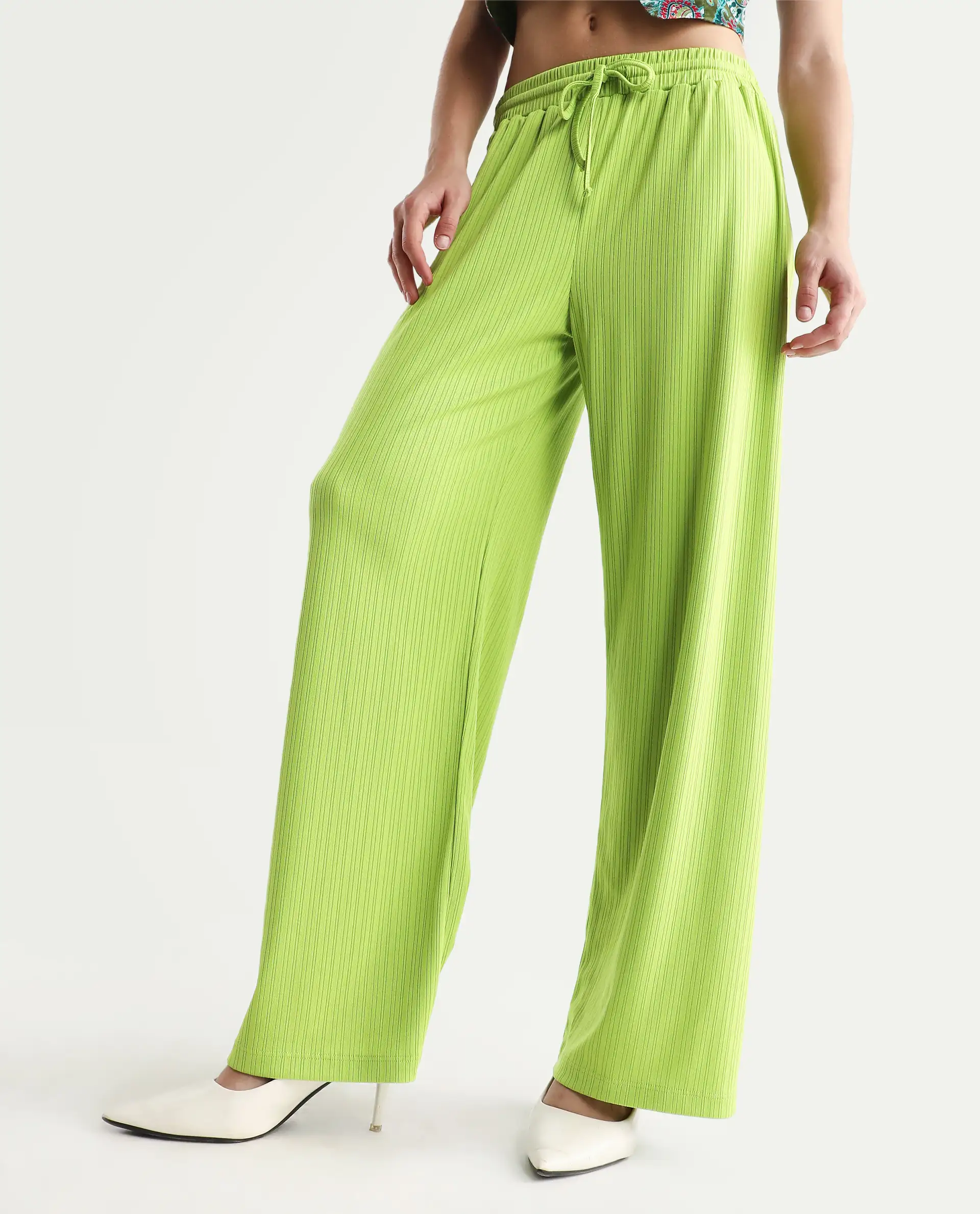 Rareism Women's Alcazar Flouroscent Green Polyester Blend Plain Ankle Length Straight Fit Trouser - Image 2