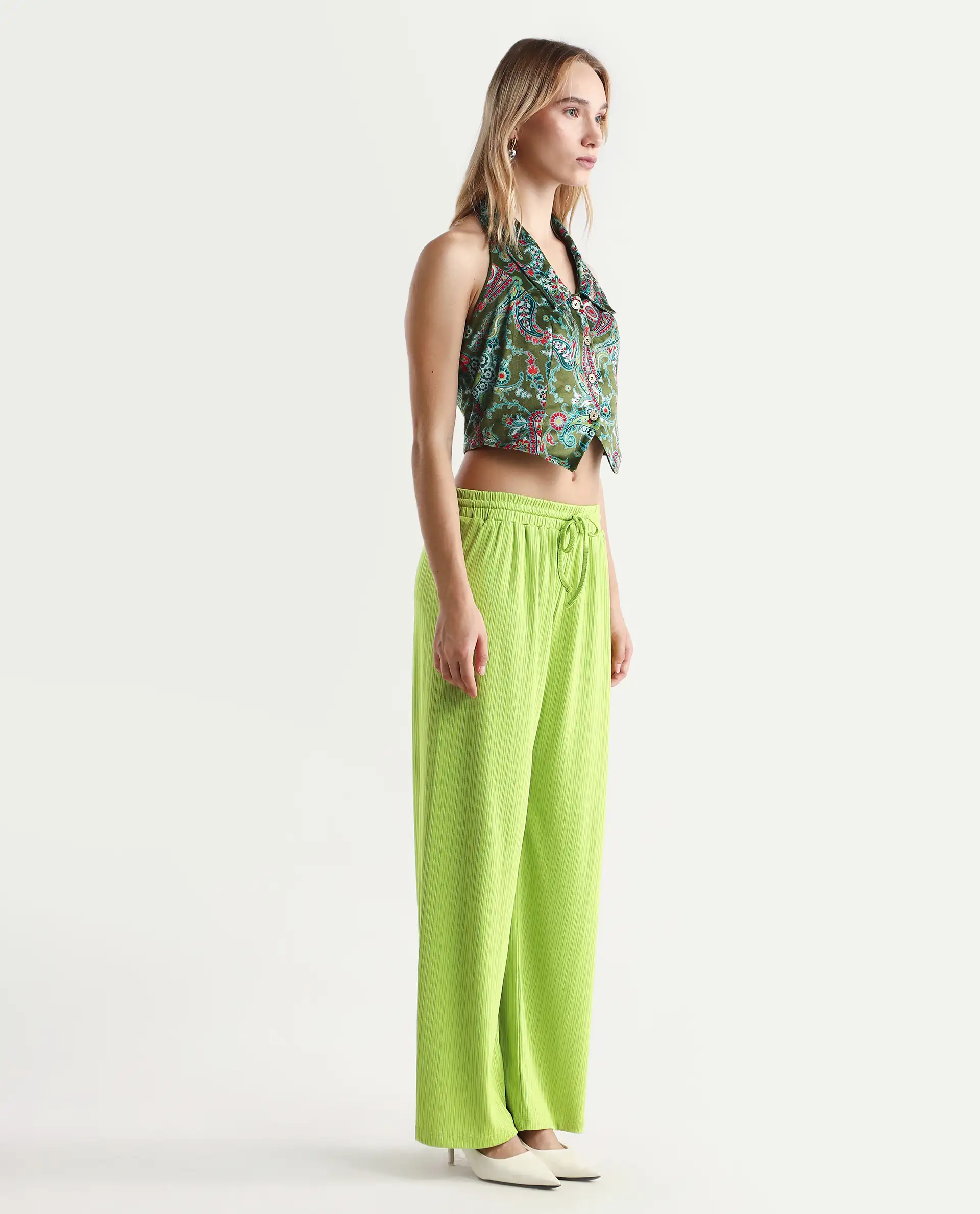 Rareism Women's Alcazar Flouroscent Green Polyester Blend Plain Ankle Length Straight Fit Trouser - Image 6