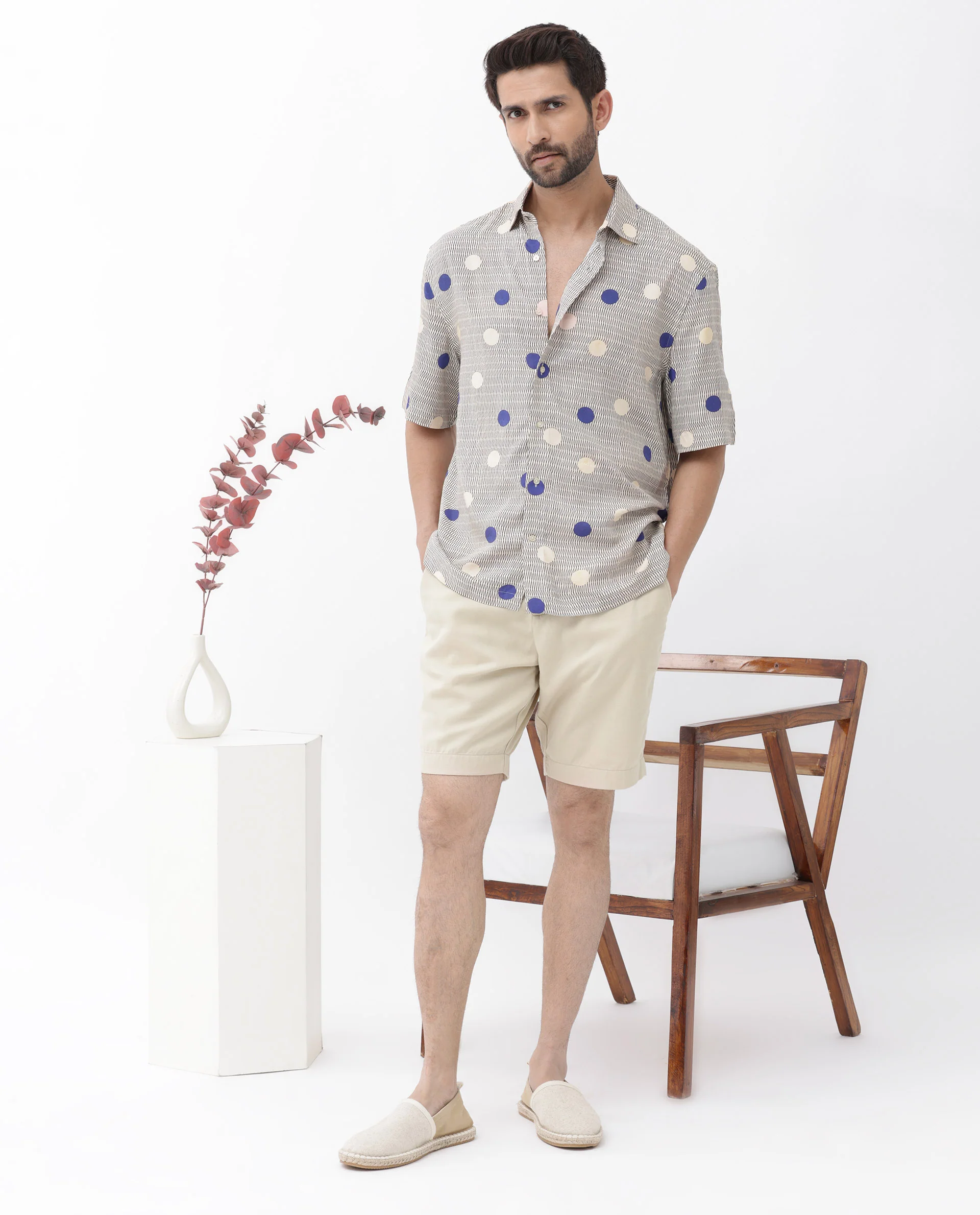 Rare Rabbit Men's Alcoron Beige Viscose Polka Print Boxy Fit Half Sleeve Collared Shirt - Image 2