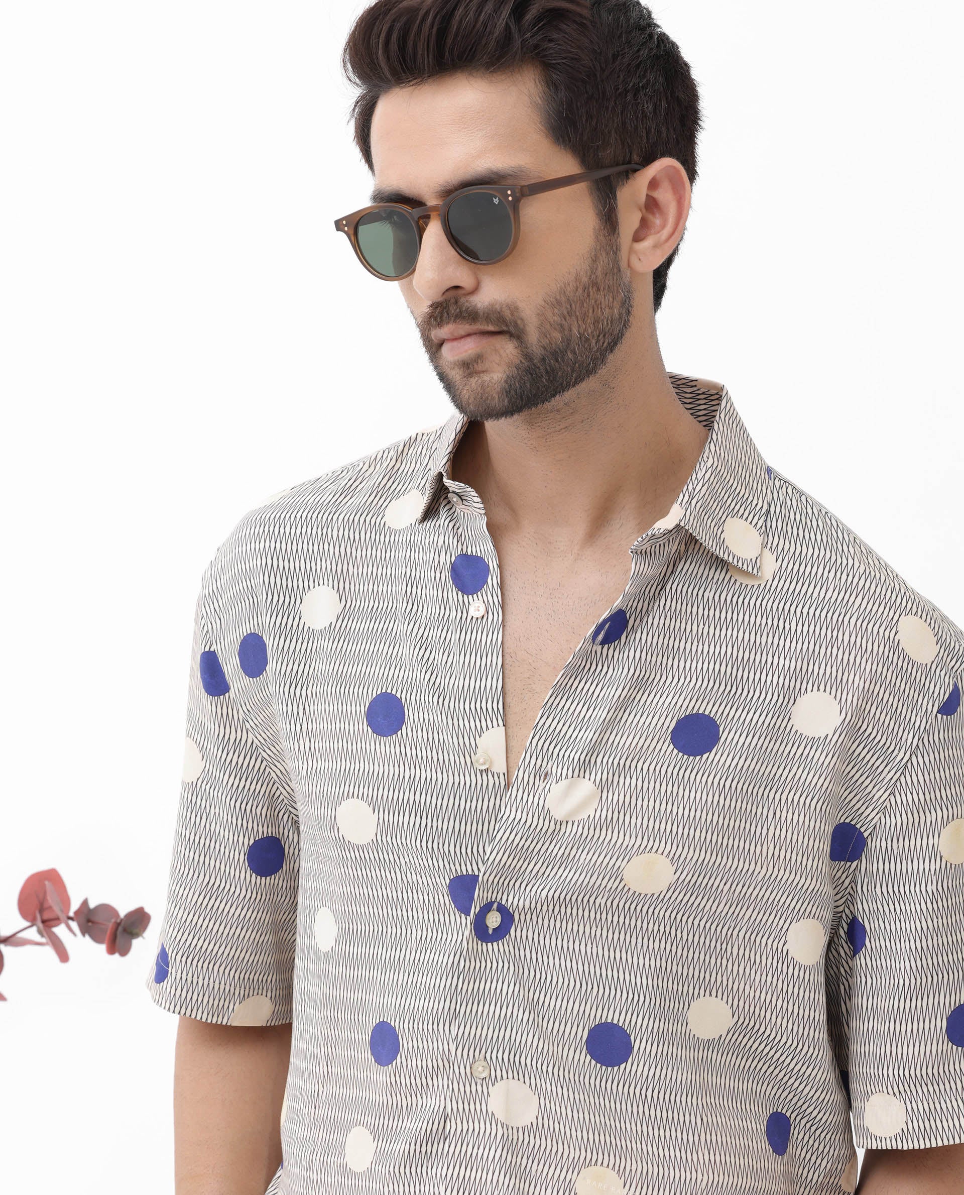 Rare Rabbit Men's Alcoron Beige Viscose Polka Print Boxy Fit Half Sleeve Collared Shirt - Image 4