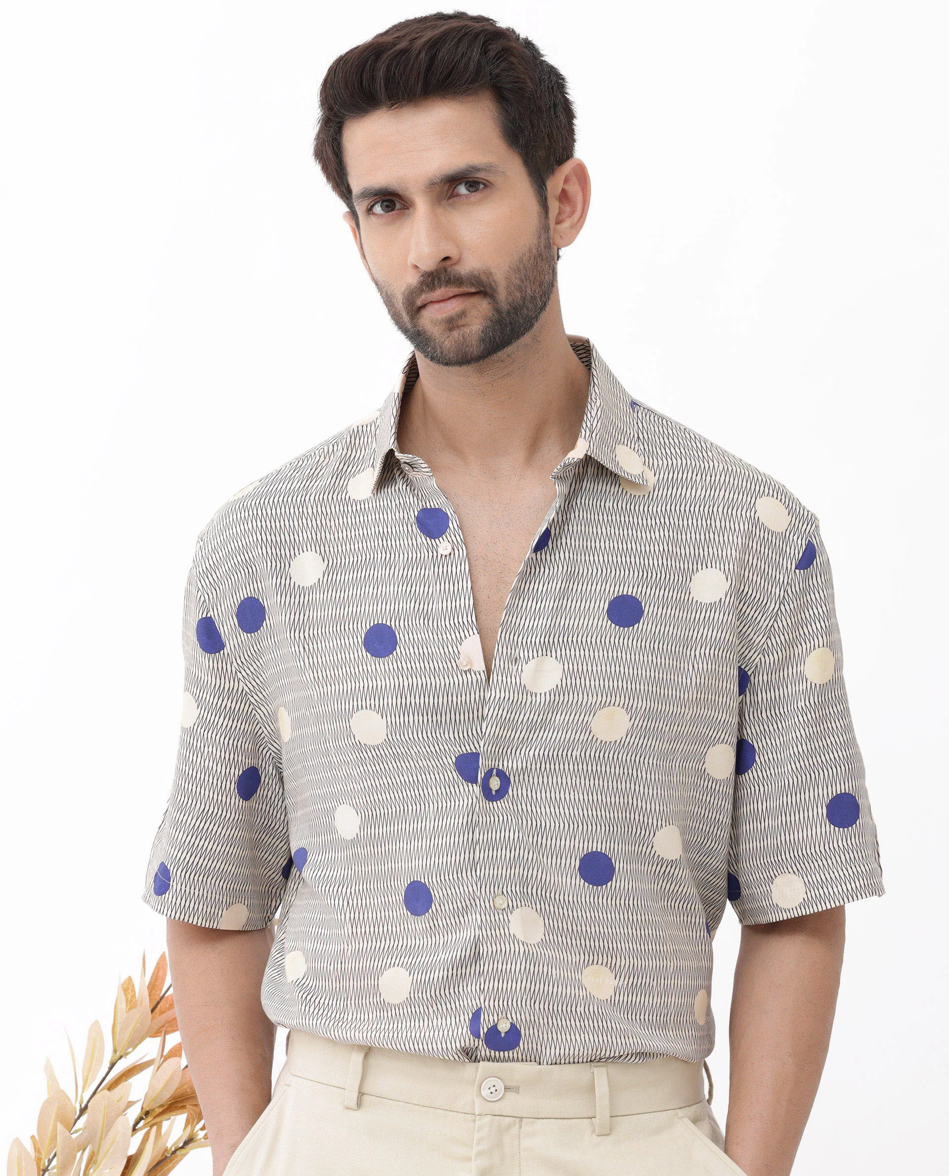 Rare Rabbit Men's Alcoron Beige Viscose Polka Print Boxy Fit Half Sleeve Collared Shirt - Image 9