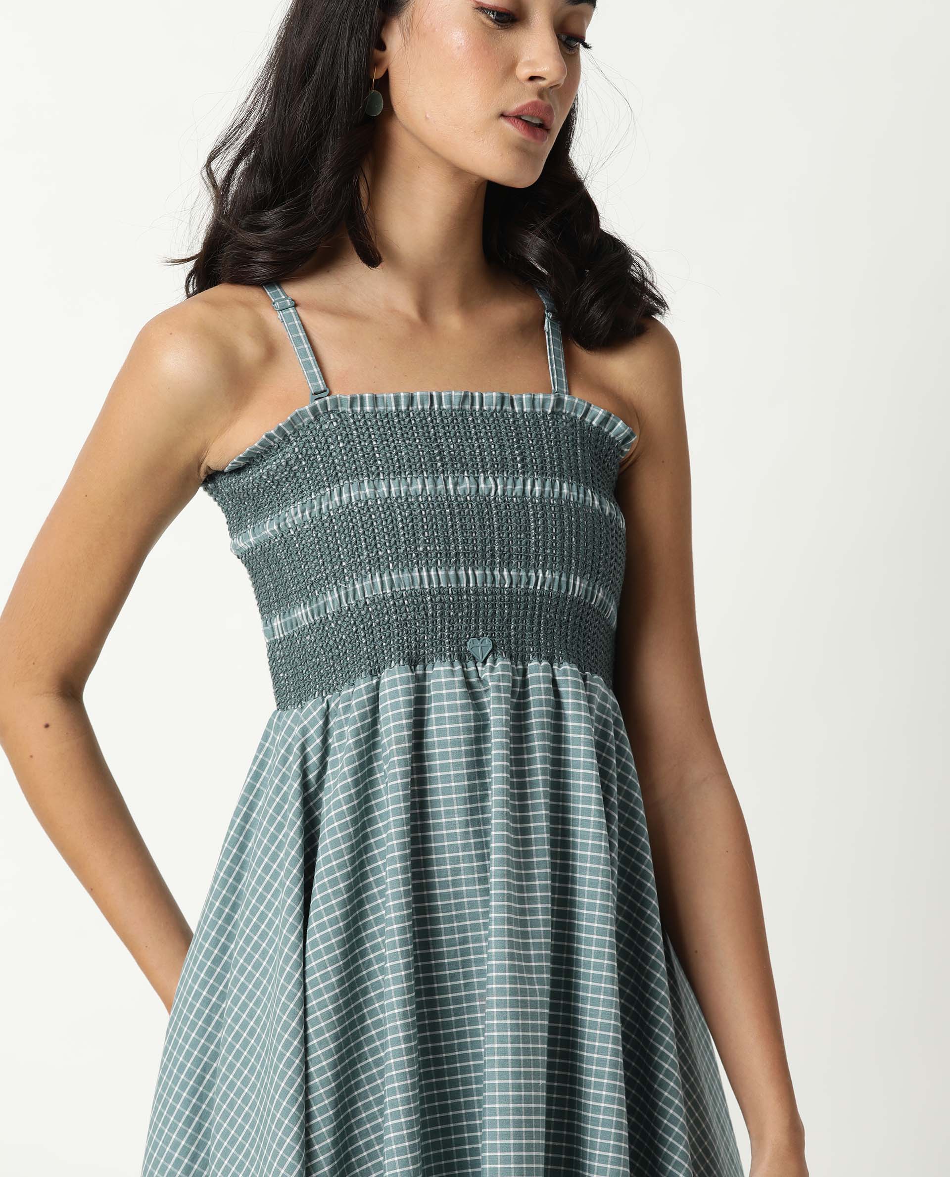 Rareism Womens Ald Green Dress Cotton Linen Fabric Regular Fit Sleeveless Square Neck - Image 2