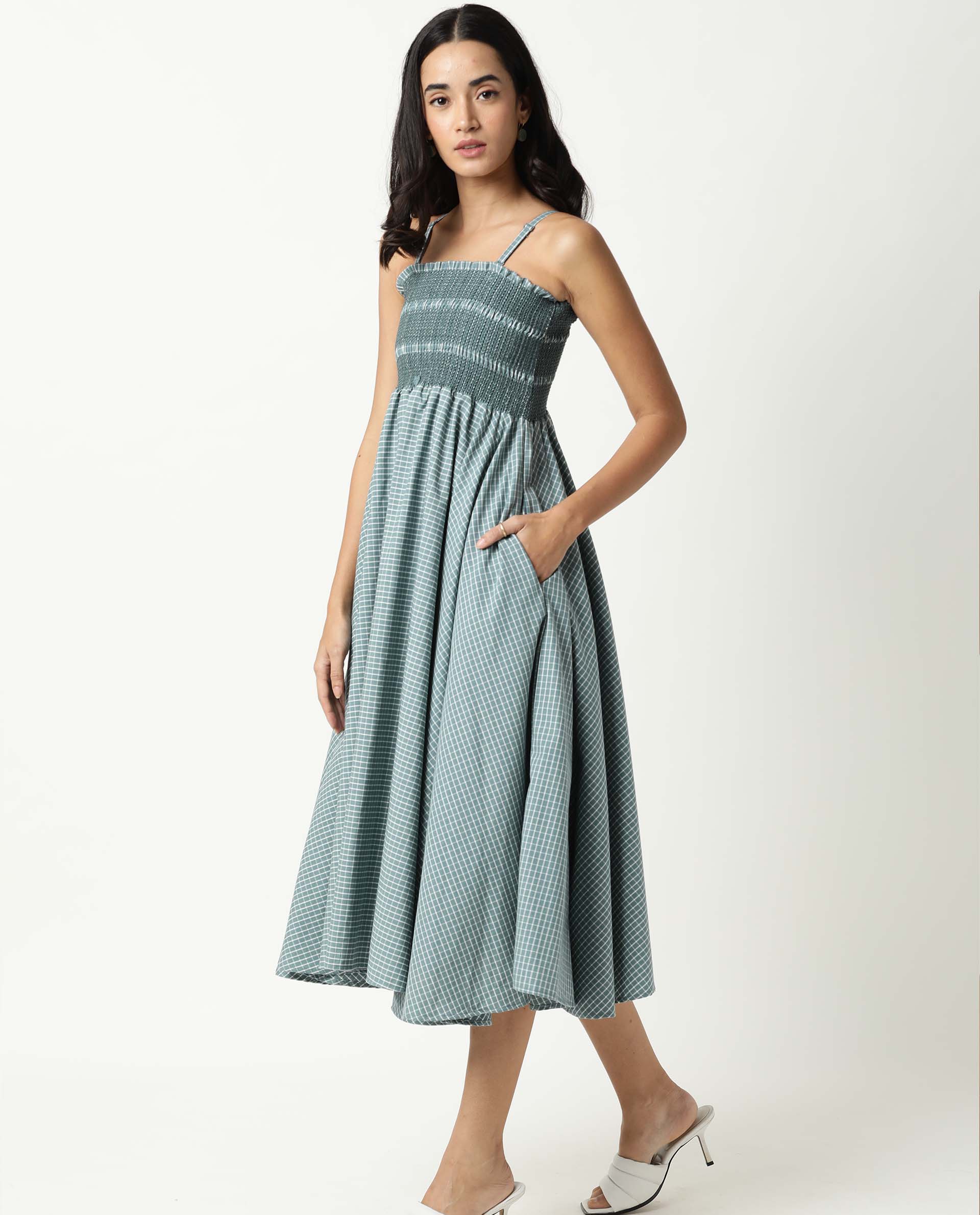Rareism Womens Ald Green Dress Cotton Linen Fabric Regular Fit Sleeveless Square Neck - Image 3