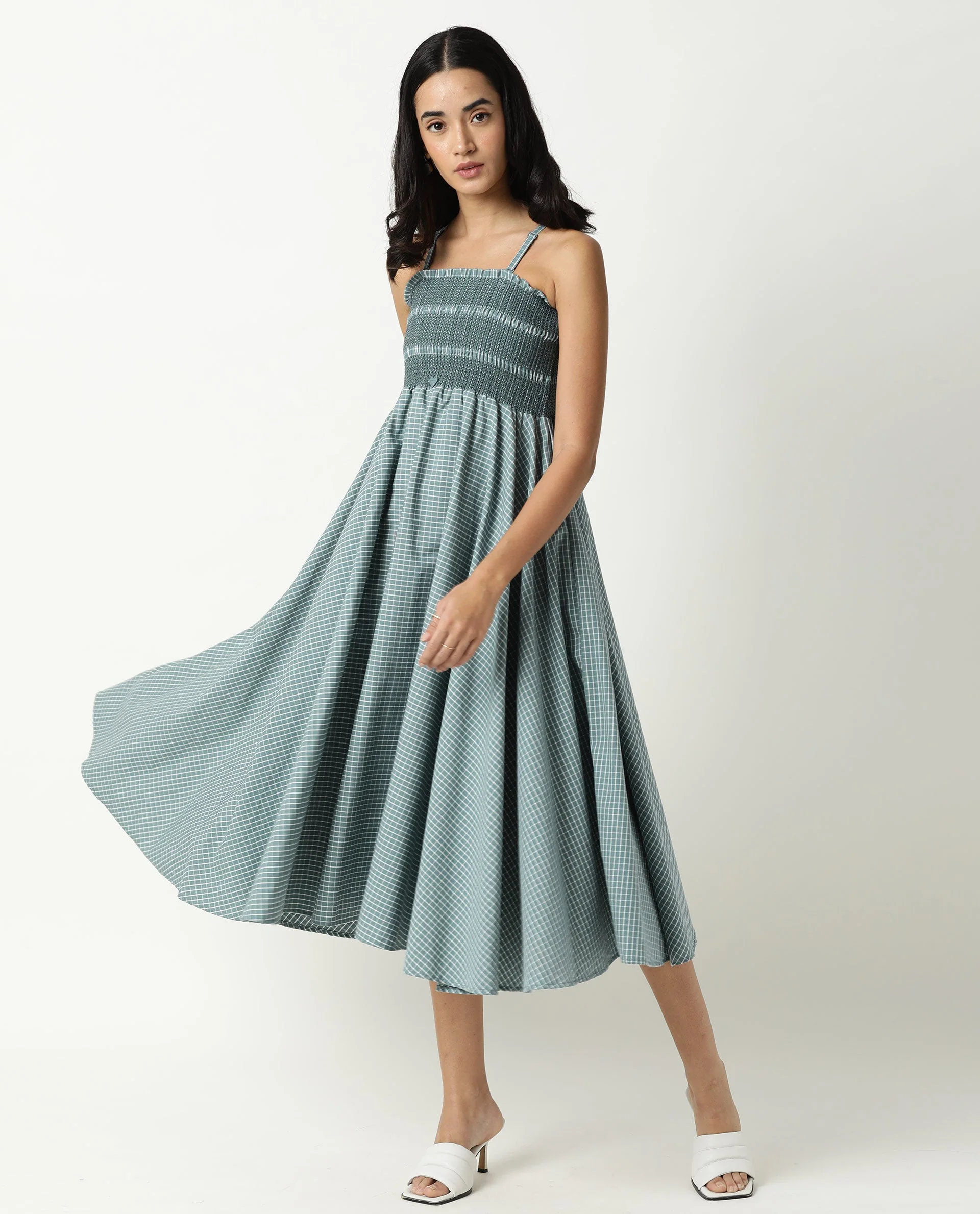 Rareism Womens Ald Green Dress Cotton Linen Fabric Regular Fit Sleeveless Square Neck - Image 4