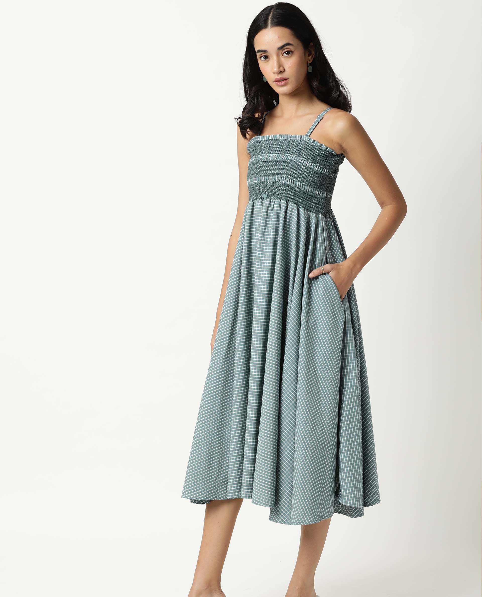 Rareism Womens Ald Green Dress Cotton Linen Fabric Regular Fit Sleeveless Square Neck - Image 7