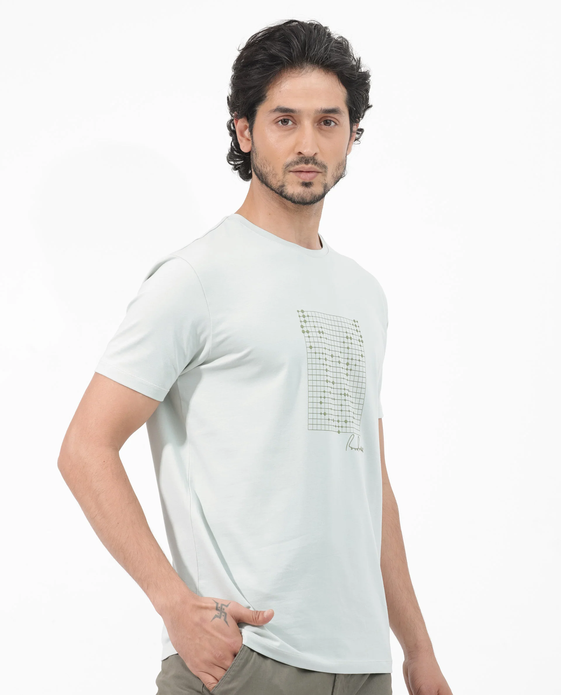 Rare Rabbit Articale Mens Alder Pastel Green Cotton Polyester Fabric Short Sleeve Crew Neck Slim Fit Printed T-Shirt - Image 6