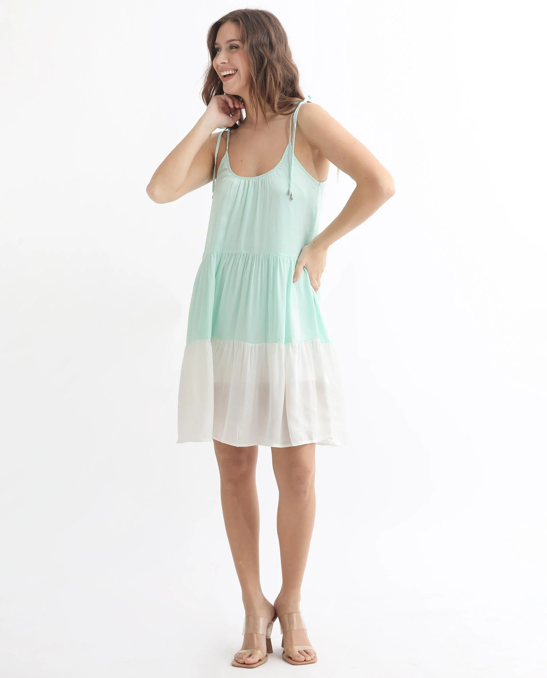 Rareism Women's Aldo Green Modal Blend Tie-Up Neck Color Block Shoulder Strap Knee Length Flared Dress - Image 3