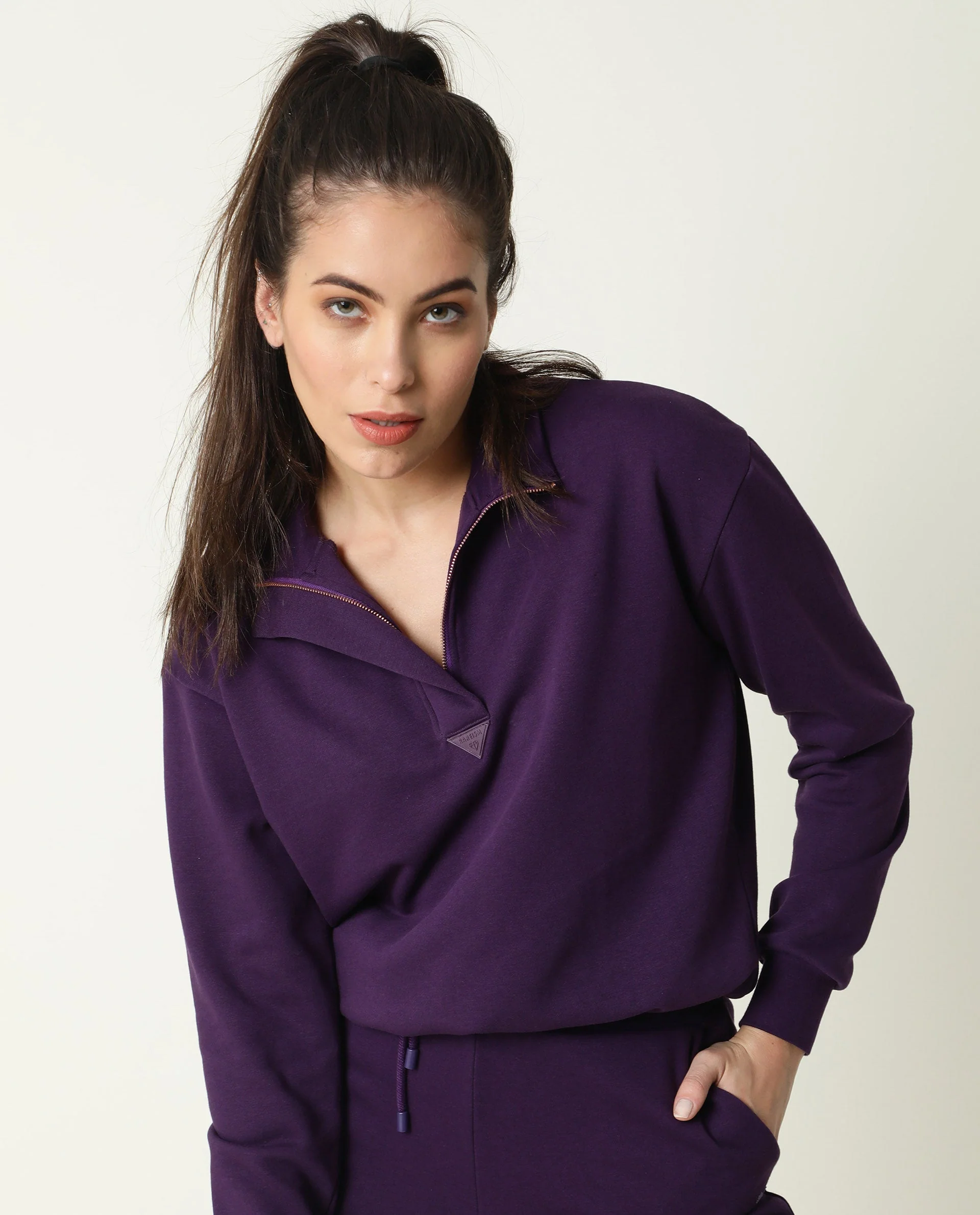 Rareism Women's Aldrich Purple Polyester Blend High Neck Plain Regular Fit Sweatshirt - Image 10