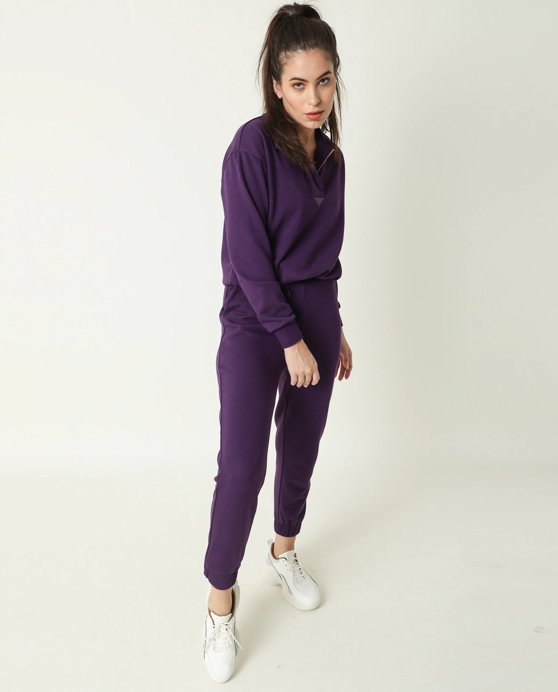 Rareism Women's Aldrich Purple Polyester Blend High Neck Plain Regular Fit Sweatshirt - Image 2