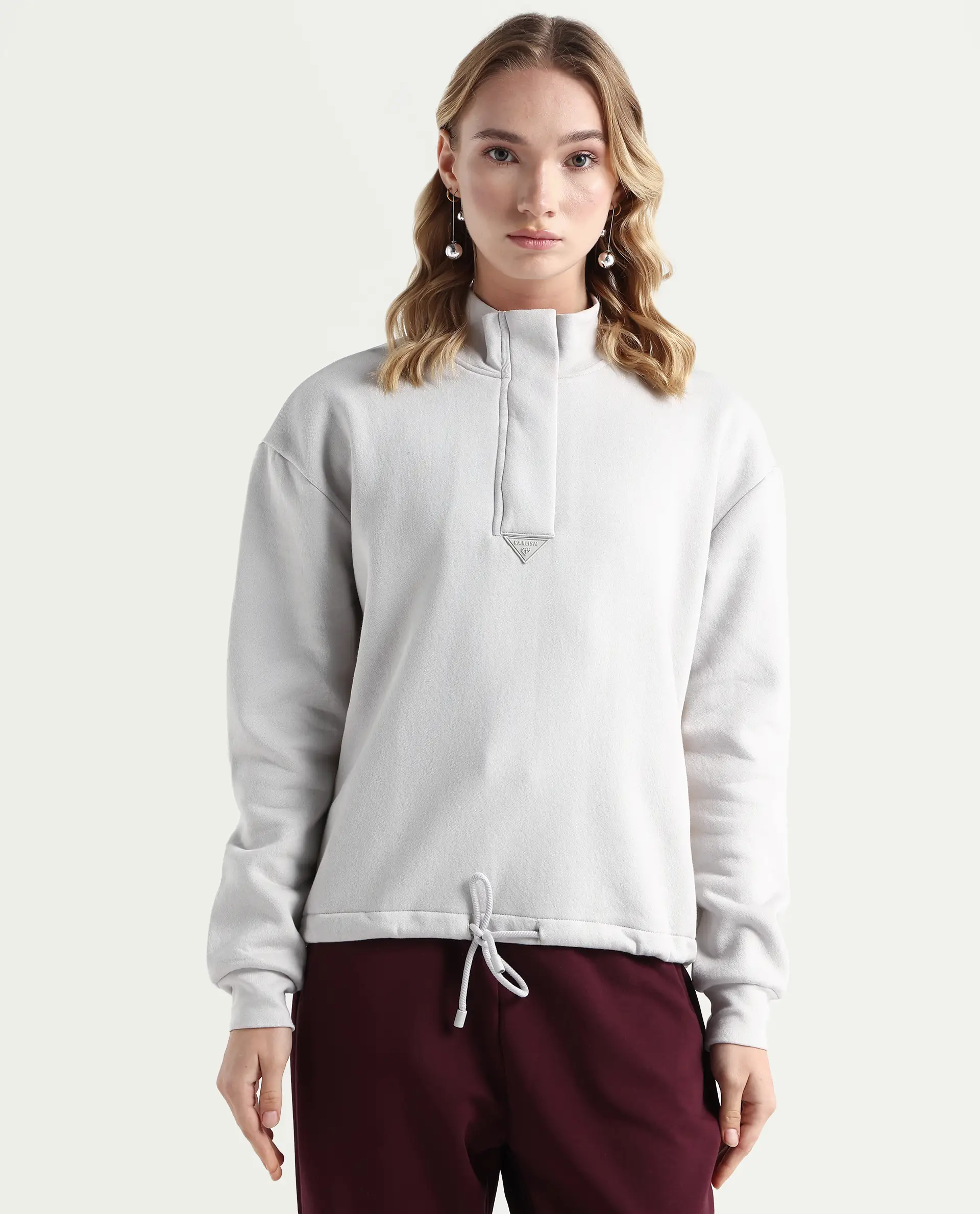 Rareism Women's Aldrichh Light Grey Polyester Blend High Neck Plain Regular Fit Sweatshirt - Image 3