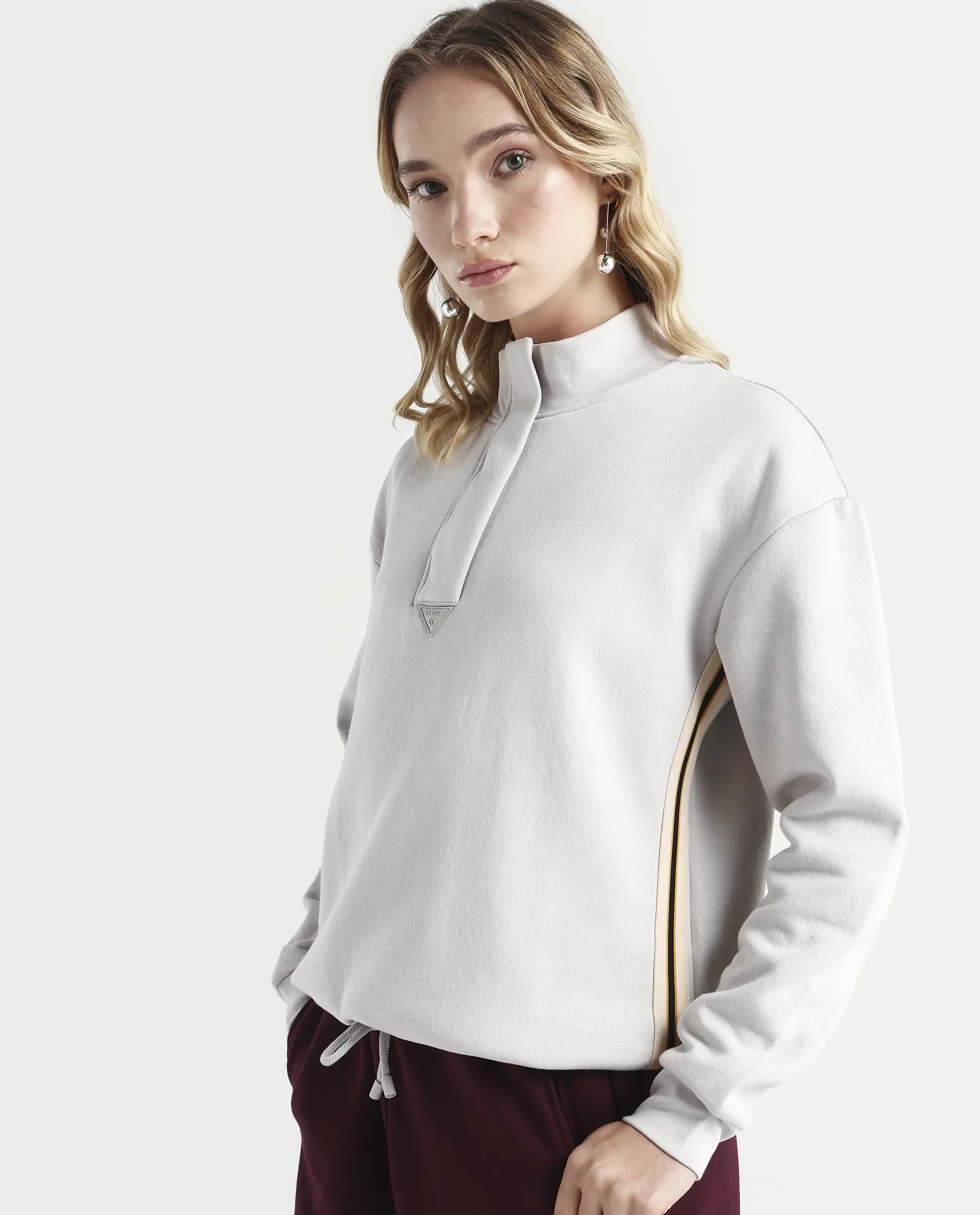 Rareism Women's Aldrichh Light Grey Polyester Blend High Neck Plain Regular Fit Sweatshirt - Image 4