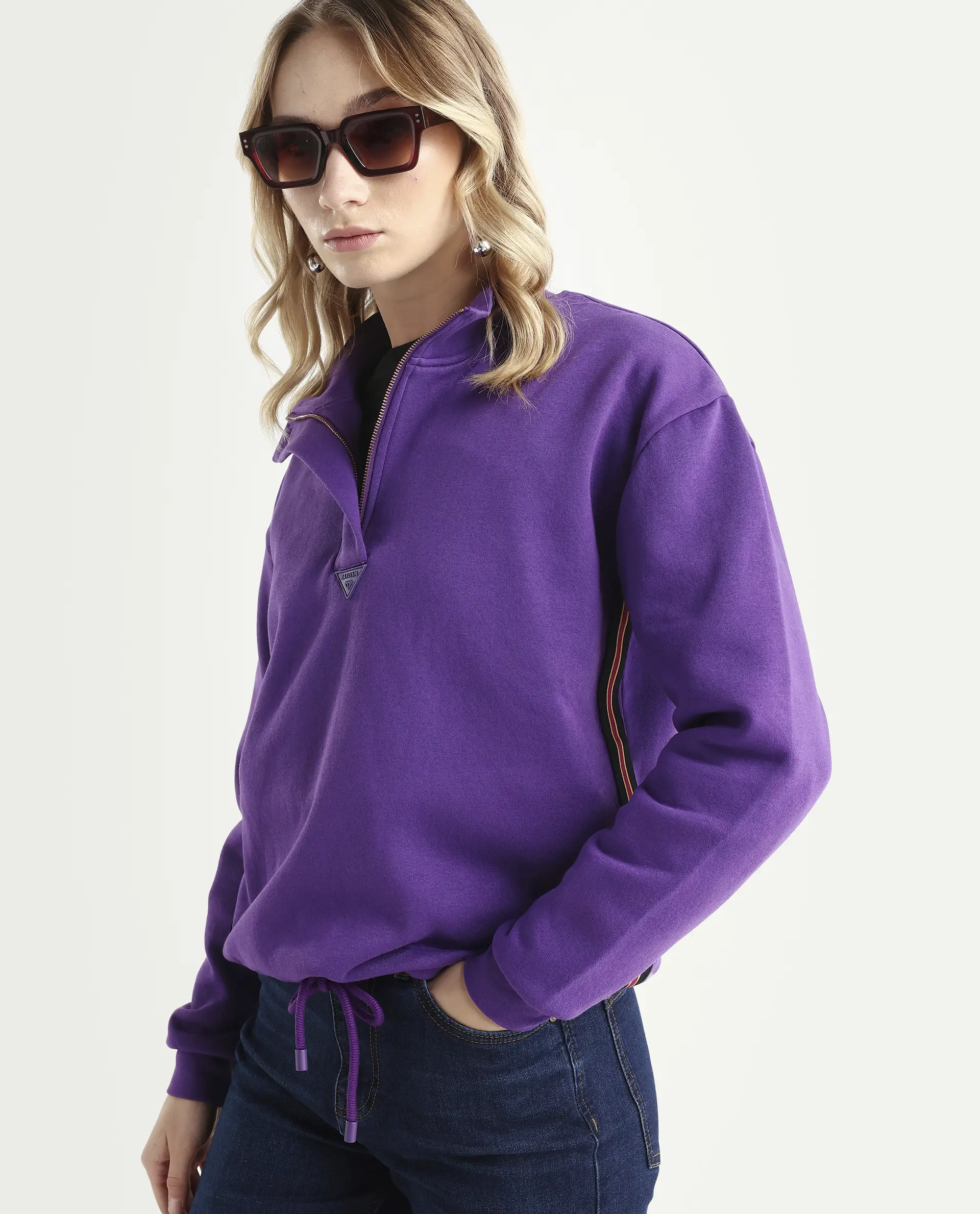 Rareism Women's Aldrichh Purple Polyester Blend High Neck Plain Regular Fit Sweatshirt