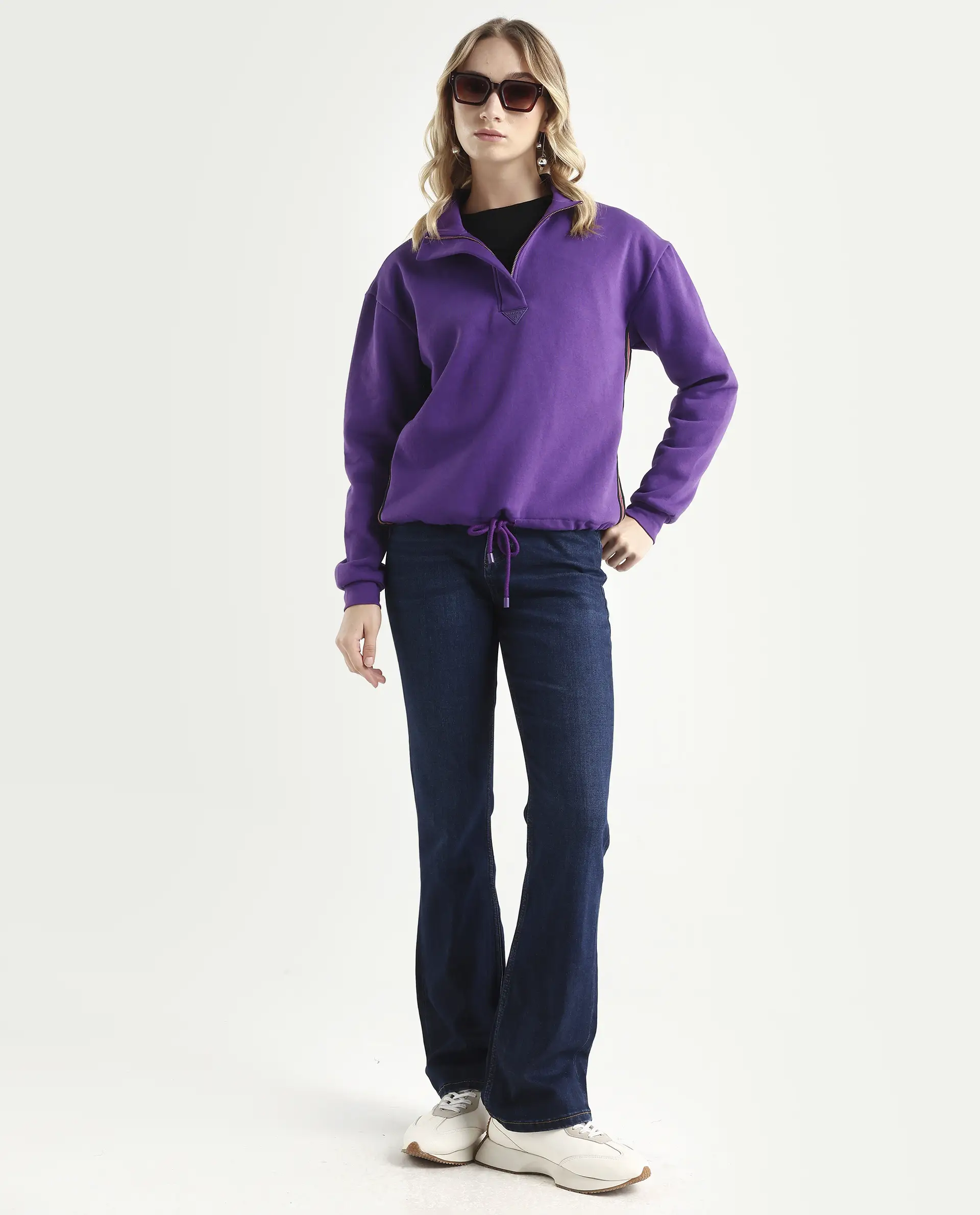 Rareism Women's Aldrichh Purple Polyester Blend High Neck Plain Regular Fit Sweatshirt - Image 2