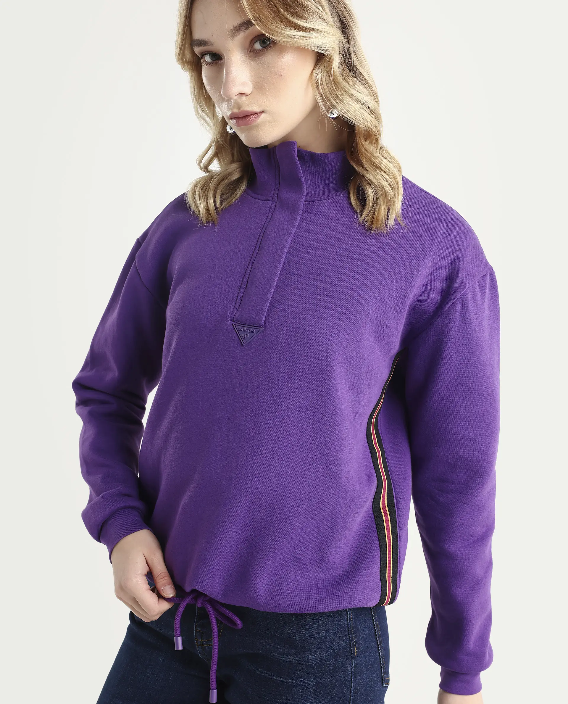 Rareism Women's Aldrichh Purple Polyester Blend High Neck Plain Regular Fit Sweatshirt - Image 3