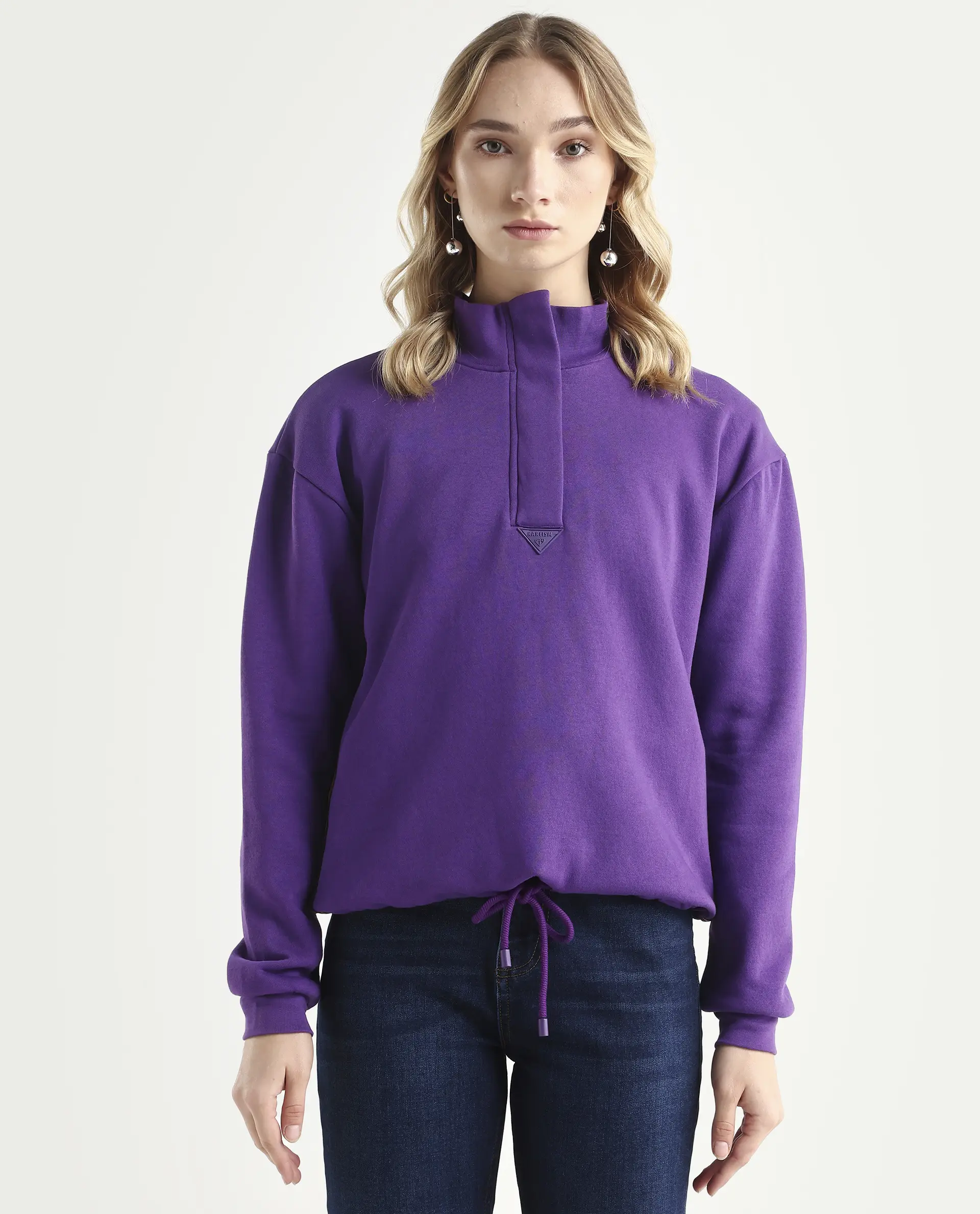 Rareism Women's Aldrichh Purple Polyester Blend High Neck Plain Regular Fit Sweatshirt - Image 4