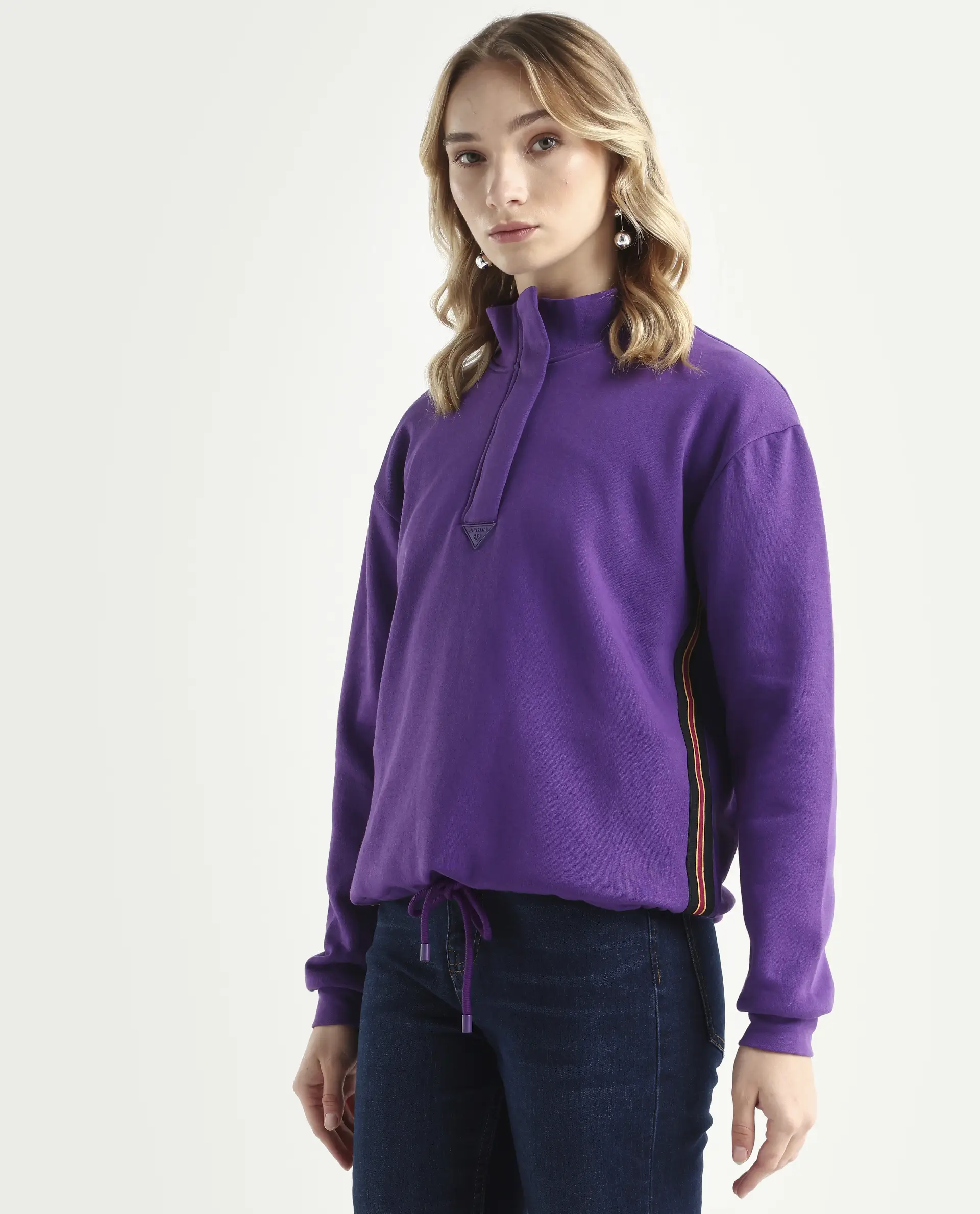 Rareism Women's Aldrichh Purple Polyester Blend High Neck Plain Regular Fit Sweatshirt - Image 5