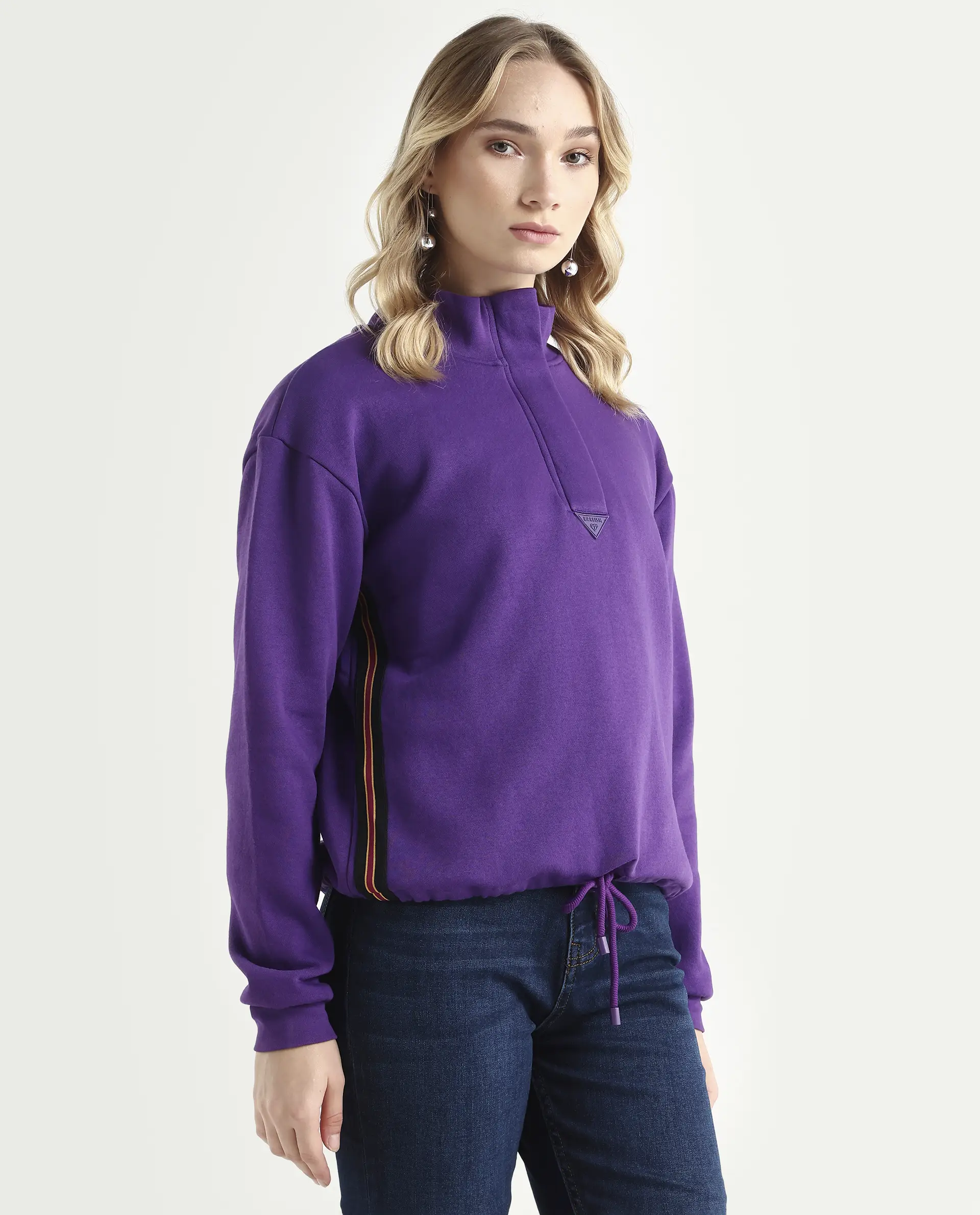 Rareism Women's Aldrichh Purple Polyester Blend High Neck Plain Regular Fit Sweatshirt - Image 6