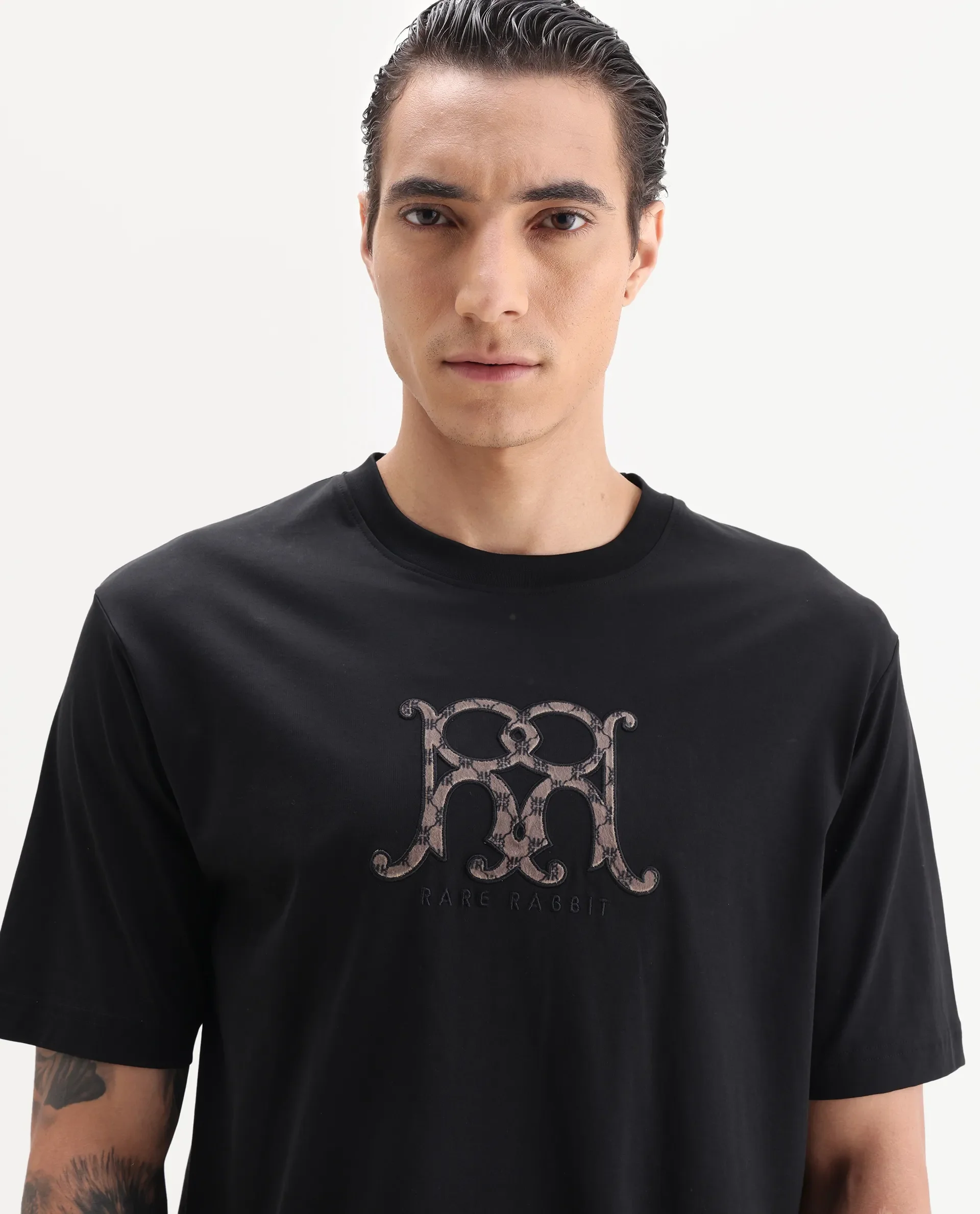 Rare Rabbit Men's Alec Black Cotton Fabric Short Sleeve Crew Neck Graphic Print T-Shirt