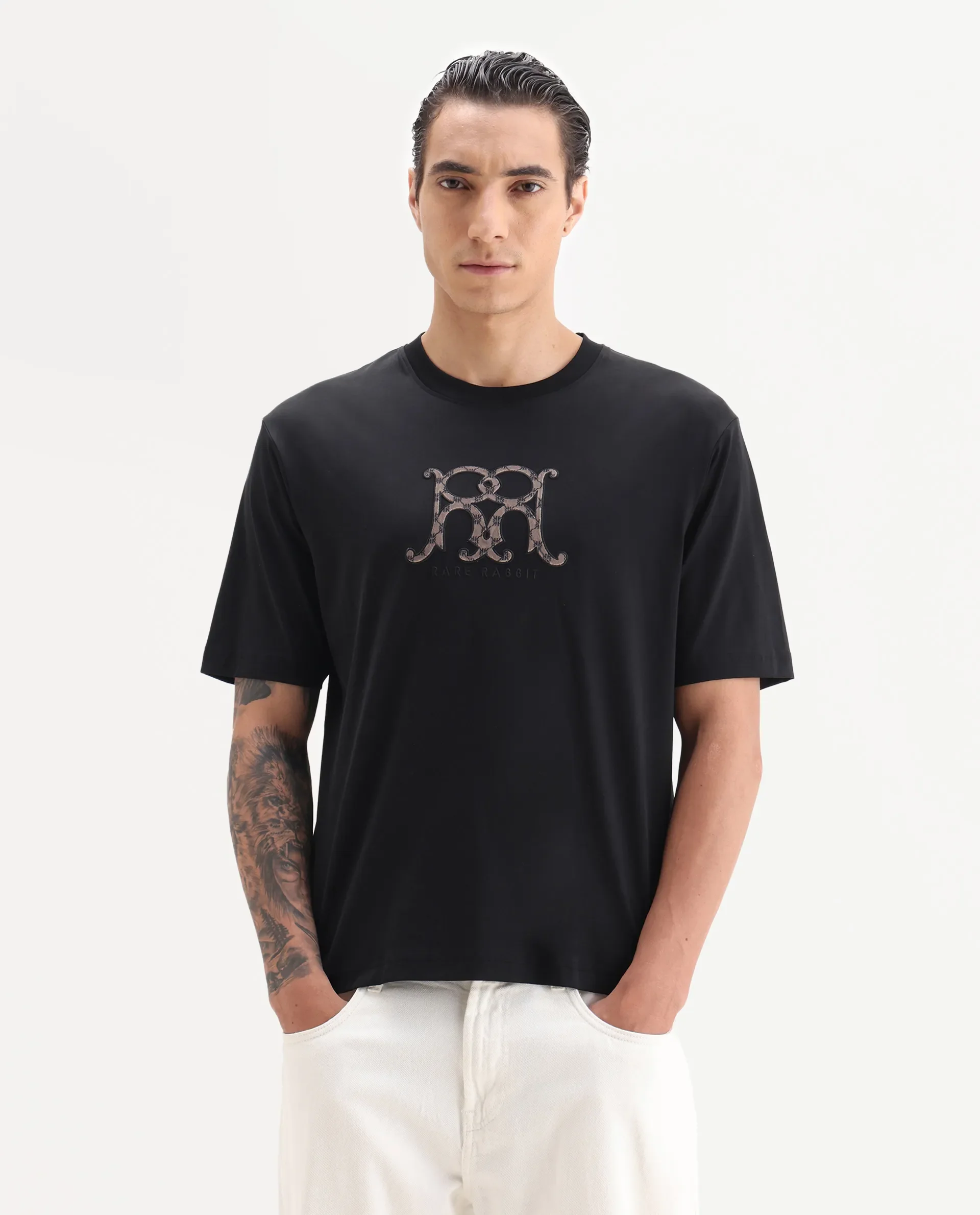 Rare Rabbit Men's Alec Black Cotton Fabric Short Sleeve Crew Neck Graphic Print T-Shirt - Image 2