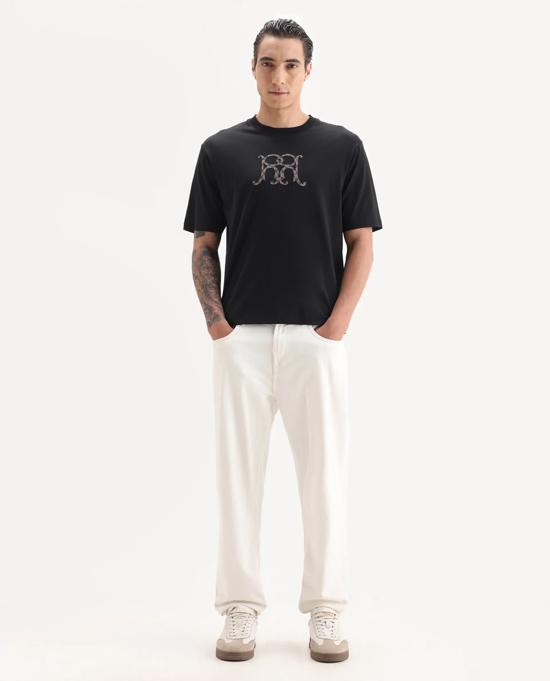Rare Rabbit Men's Alec Black Cotton Fabric Short Sleeve Crew Neck Graphic Print T-Shirt - Image 3