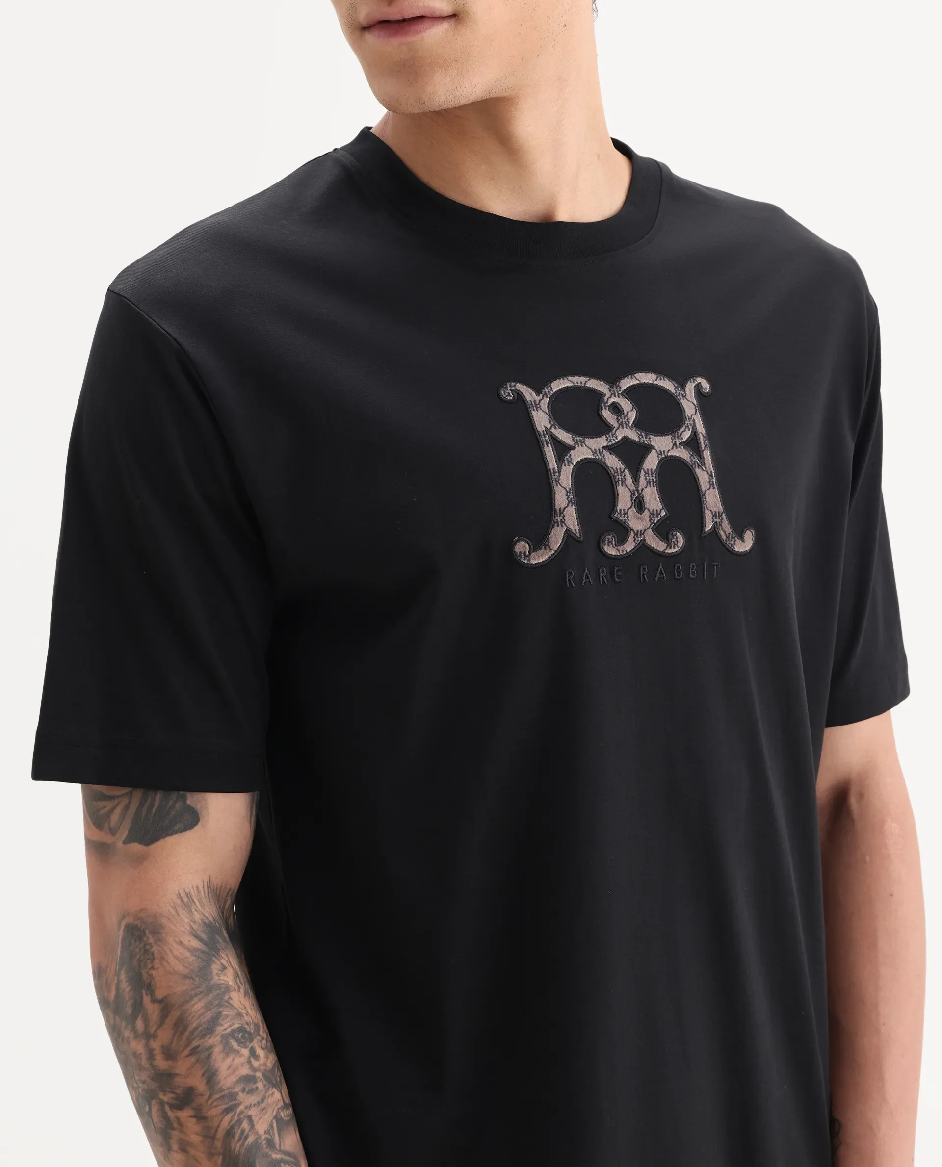 Rare Rabbit Men's Alec Black Cotton Fabric Short Sleeve Crew Neck Graphic Print T-Shirt - Image 4