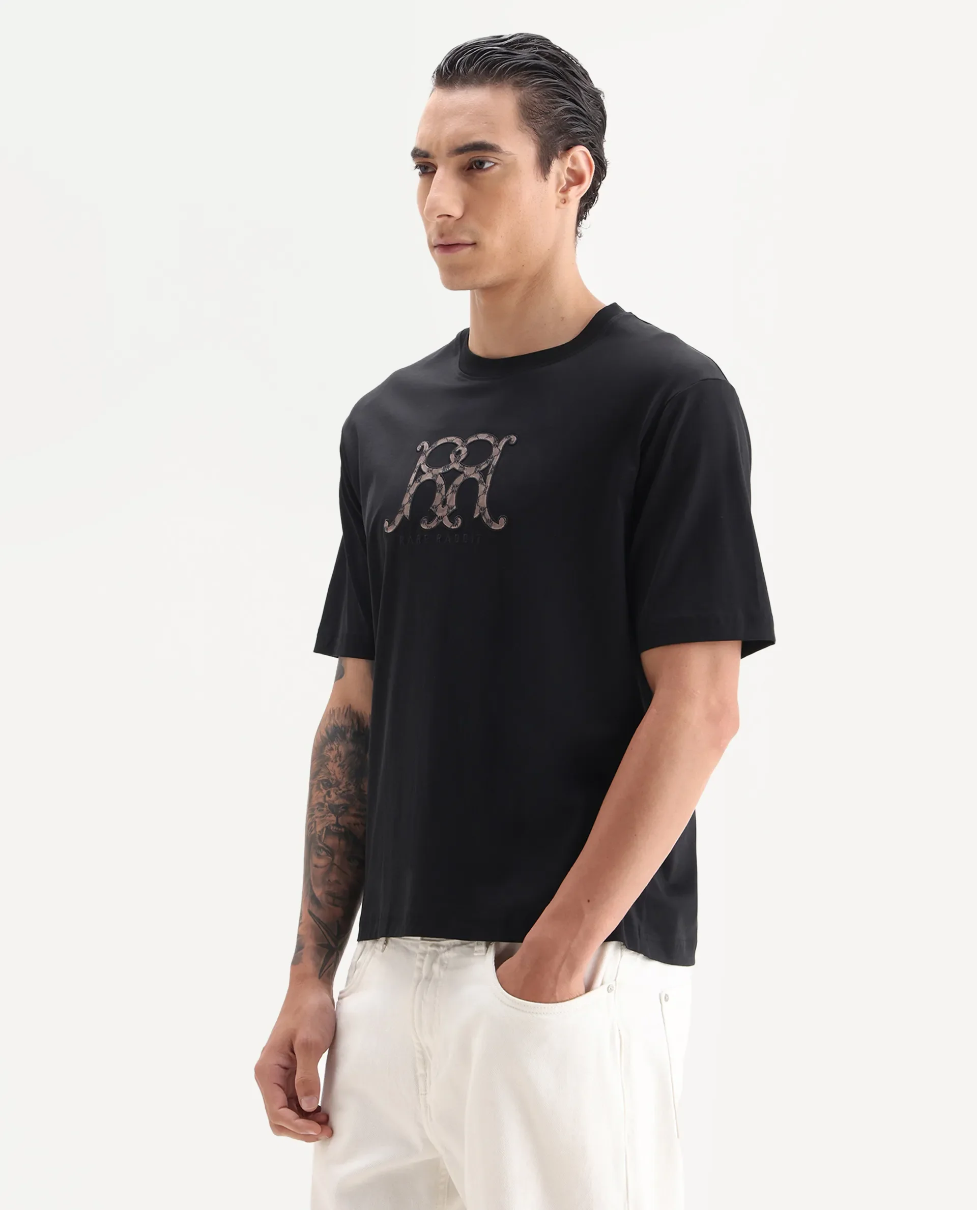 Rare Rabbit Men's Alec Black Cotton Fabric Short Sleeve Crew Neck Graphic Print T-Shirt - Image 5