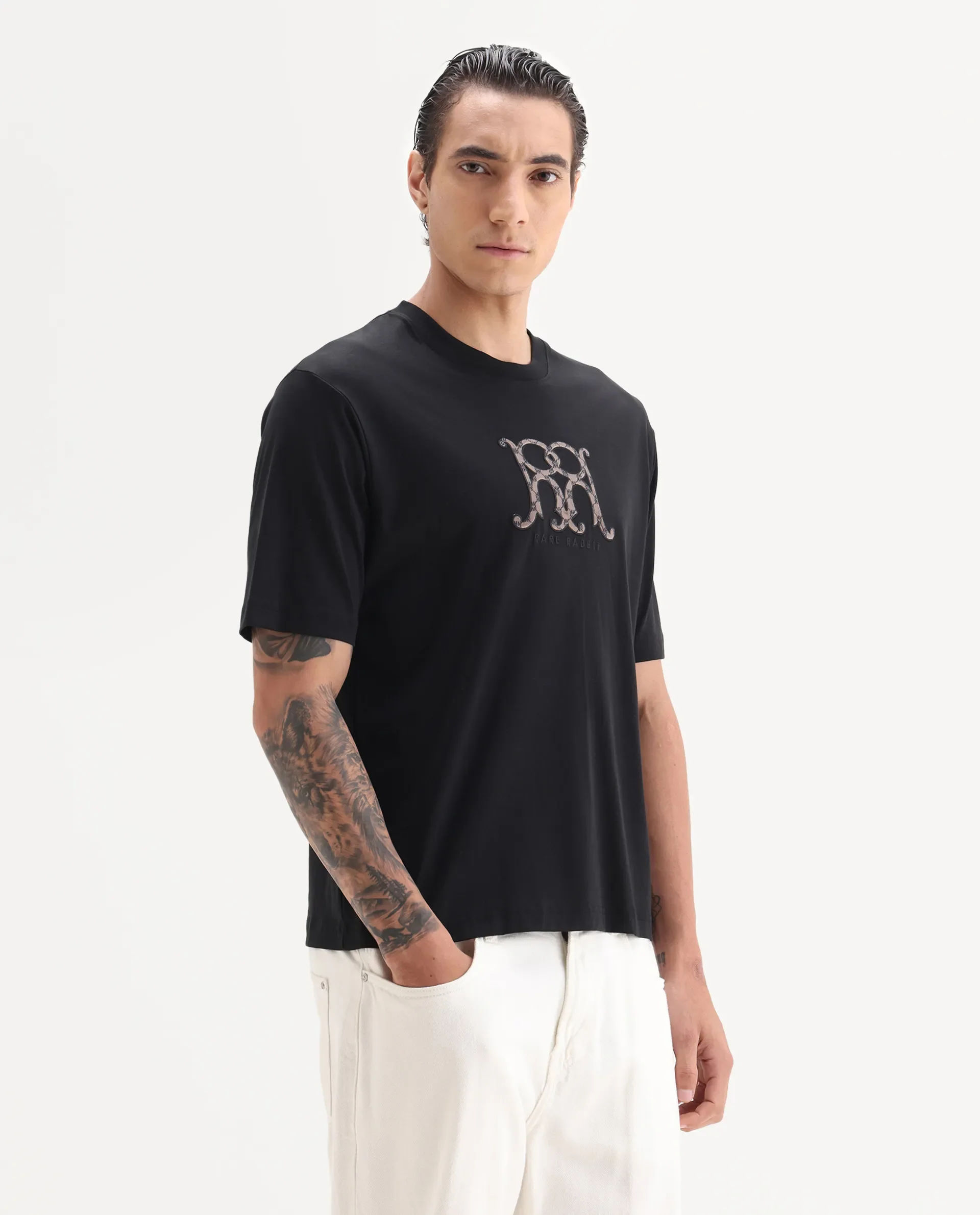 Rare Rabbit Men's Alec Black Cotton Fabric Short Sleeve Crew Neck Graphic Print T-Shirt - Image 7