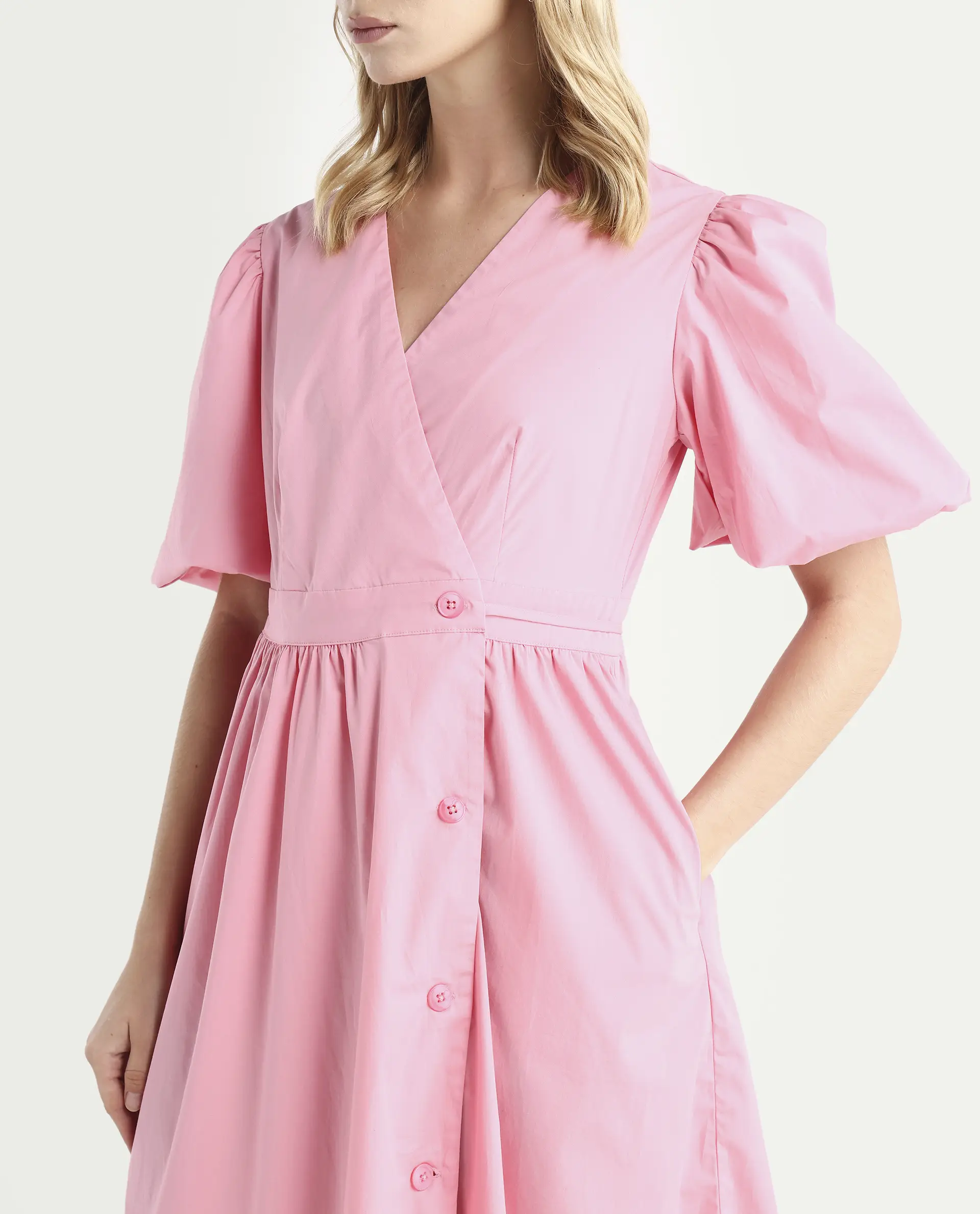 Rareism Women's Aleo Light Pink Polyester Blend Overlap Neck Plain Balloon Sleeve Maxi Fit And Flare Dress