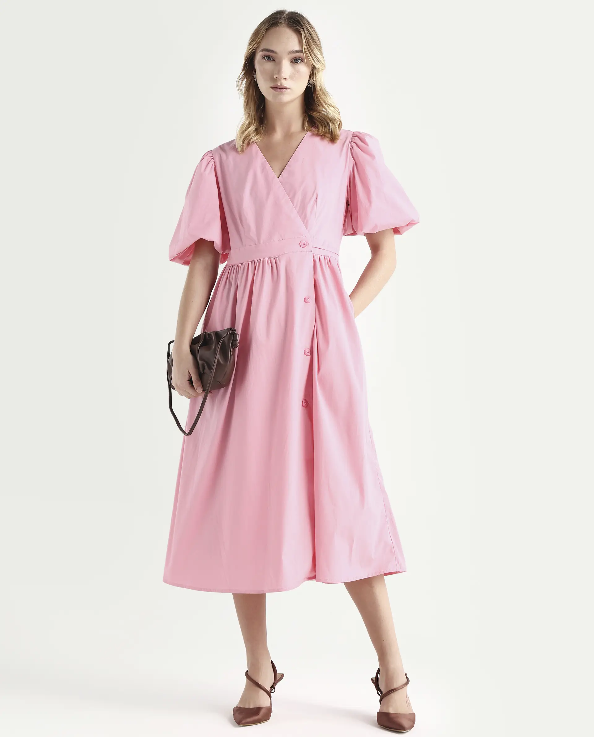 Rareism Women's Aleo Light Pink Polyester Blend Overlap Neck Plain Balloon Sleeve Maxi Fit And Flare Dress - Image 2
