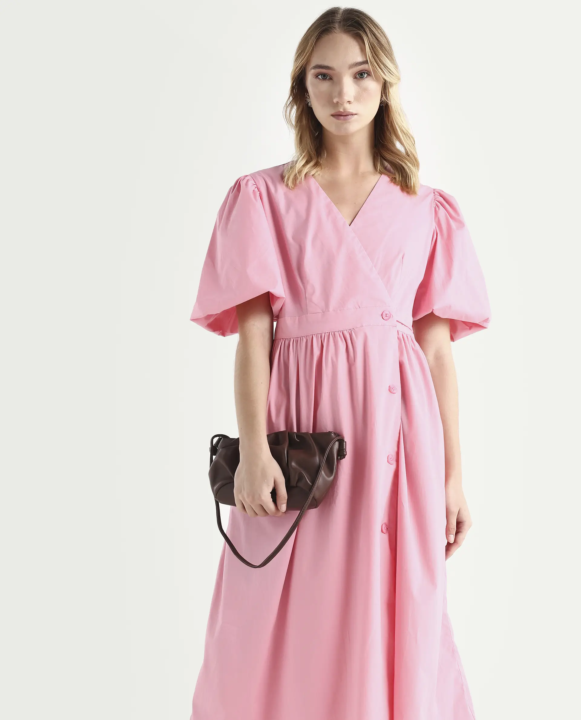 Rareism Women's Aleo Light Pink Polyester Blend Overlap Neck Plain Balloon Sleeve Maxi Fit And Flare Dress - Image 3